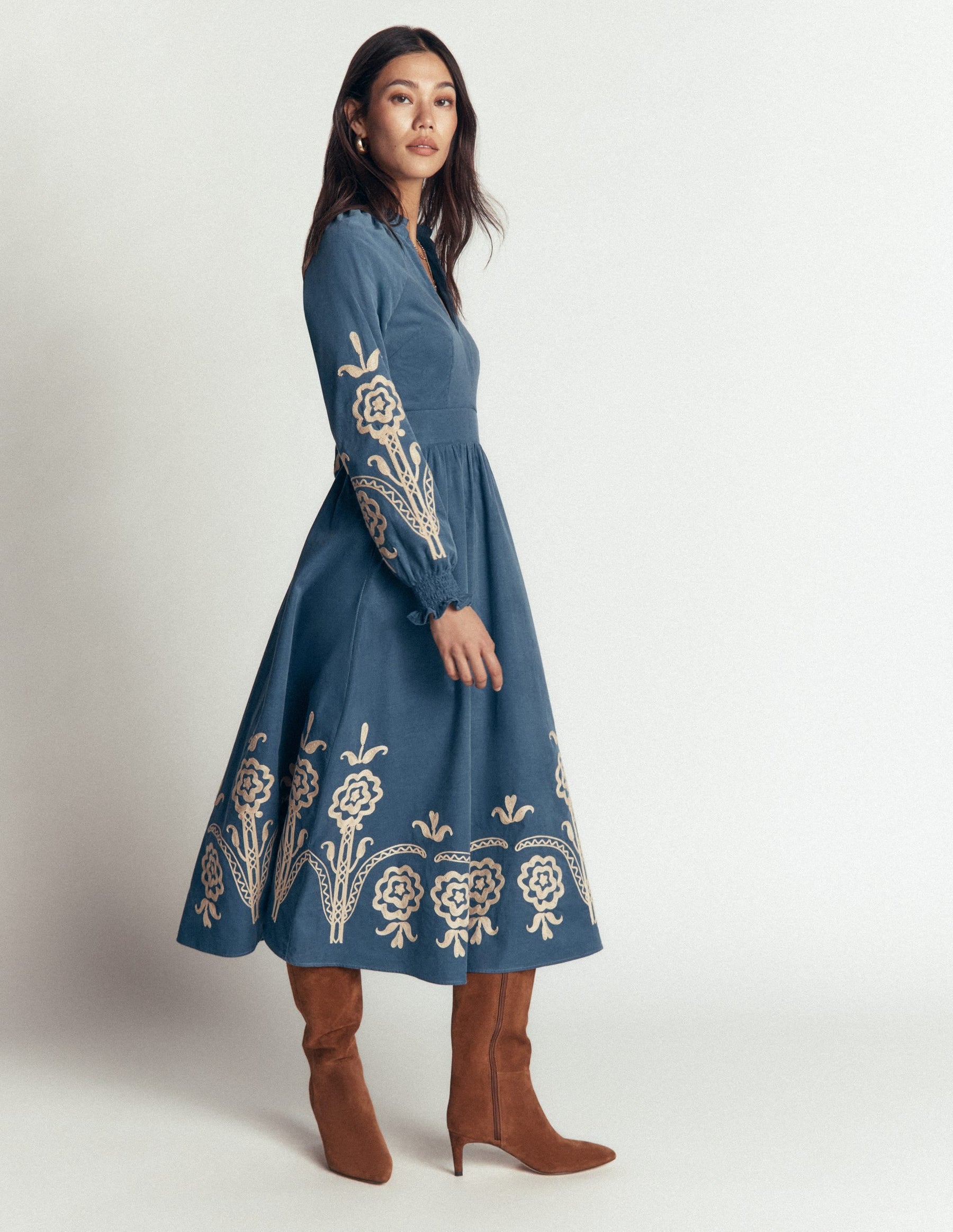 Smocked Cord Midi Dress-Storm Blue, Embroidery
