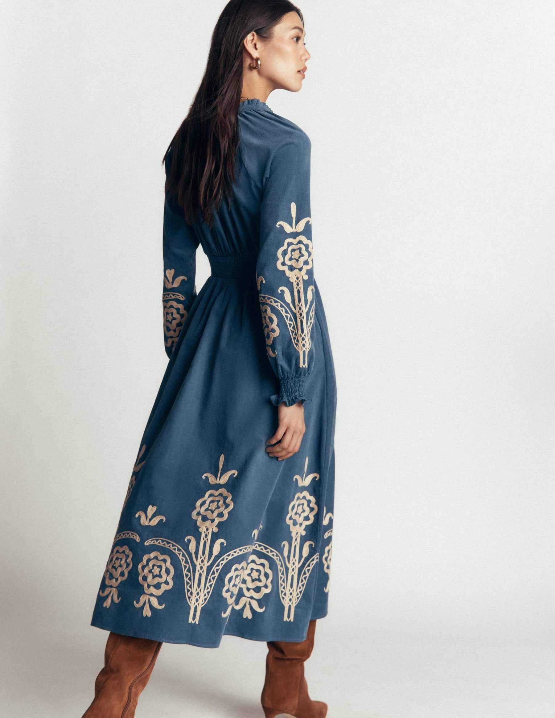 Smocked Cord Midi Dress-Storm Blue, Embroidery