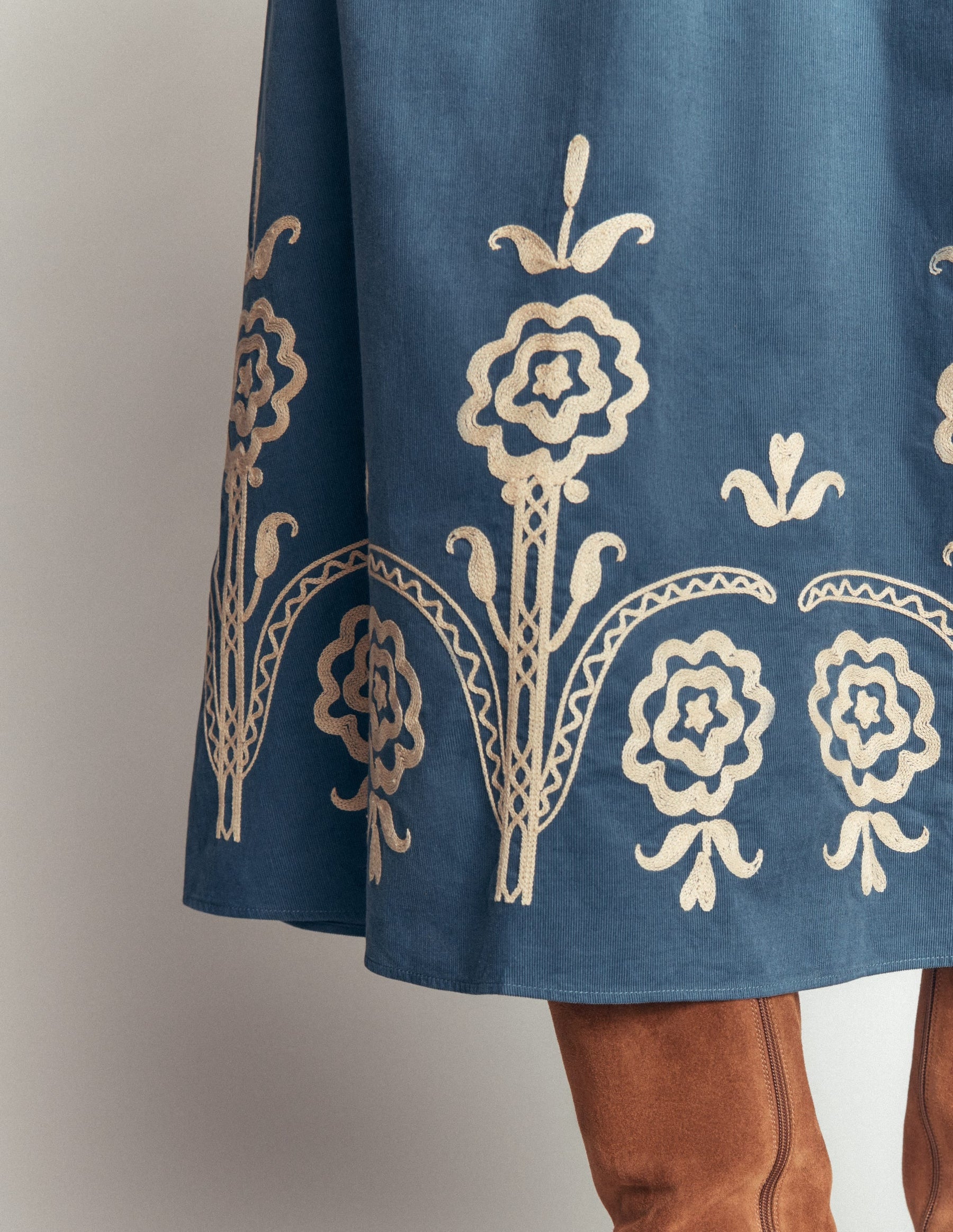 Smocked Cord Midi Dress-Storm Blue, Embroidery