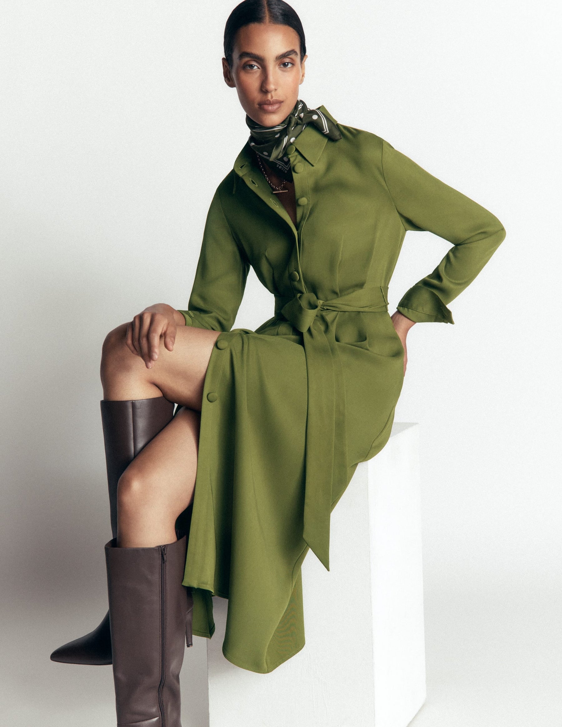 Kate Pleated Shirt Dress-Forest Green