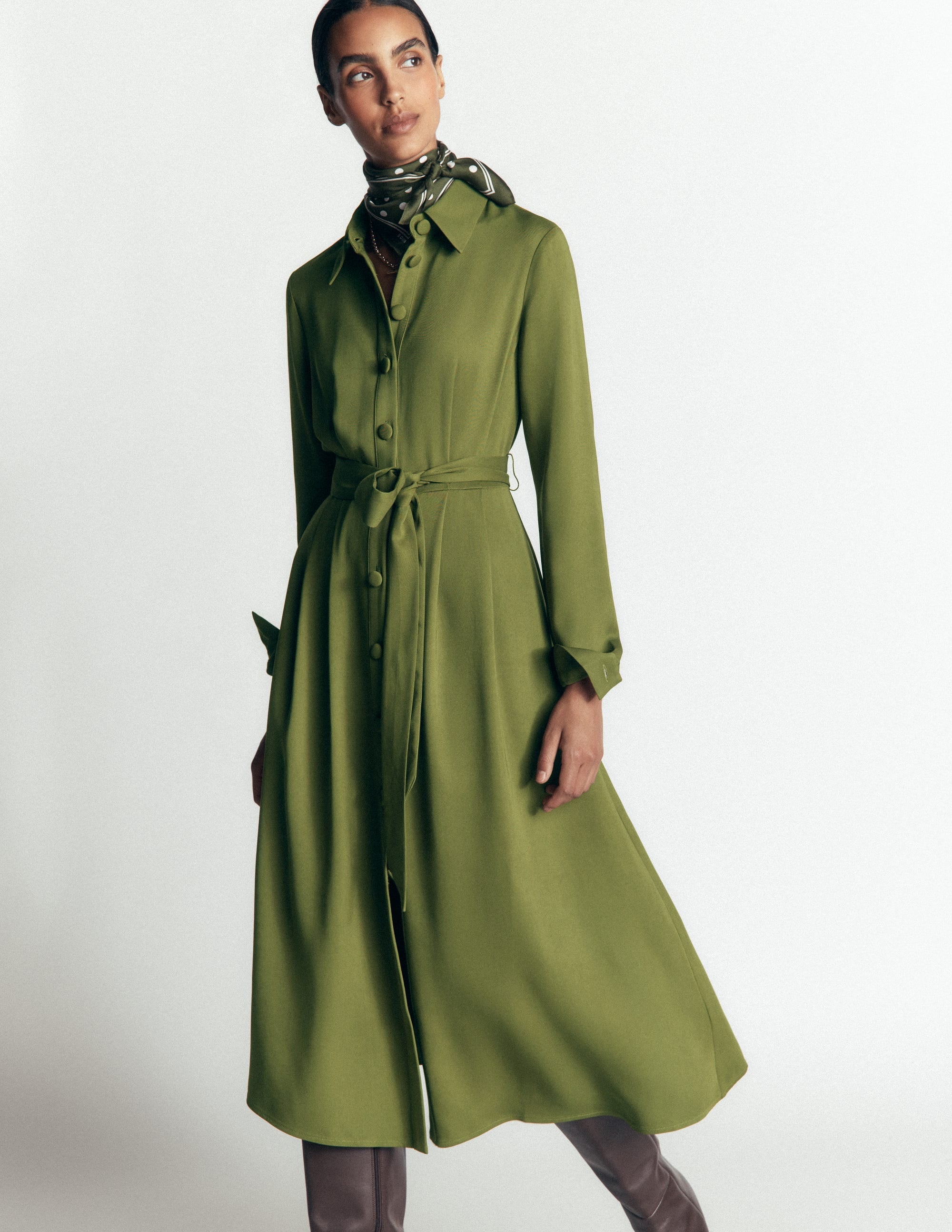 Kate Pleated Shirt Dress-Forest Green