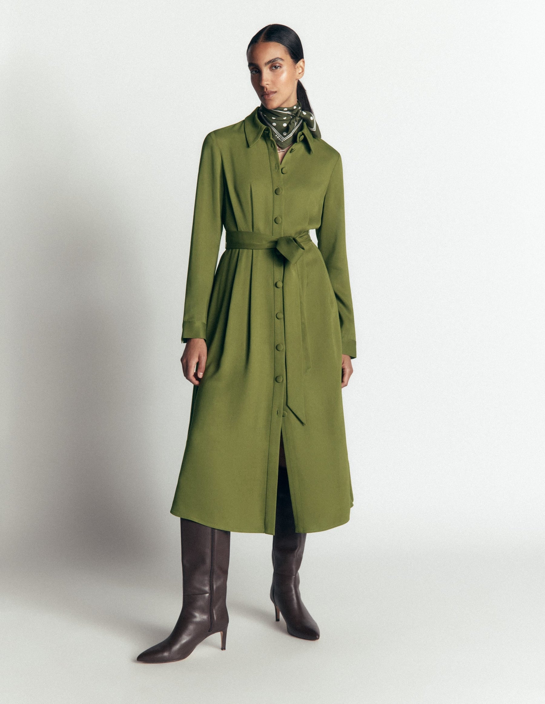 Kate Pleated Shirt Dress-Forest Green