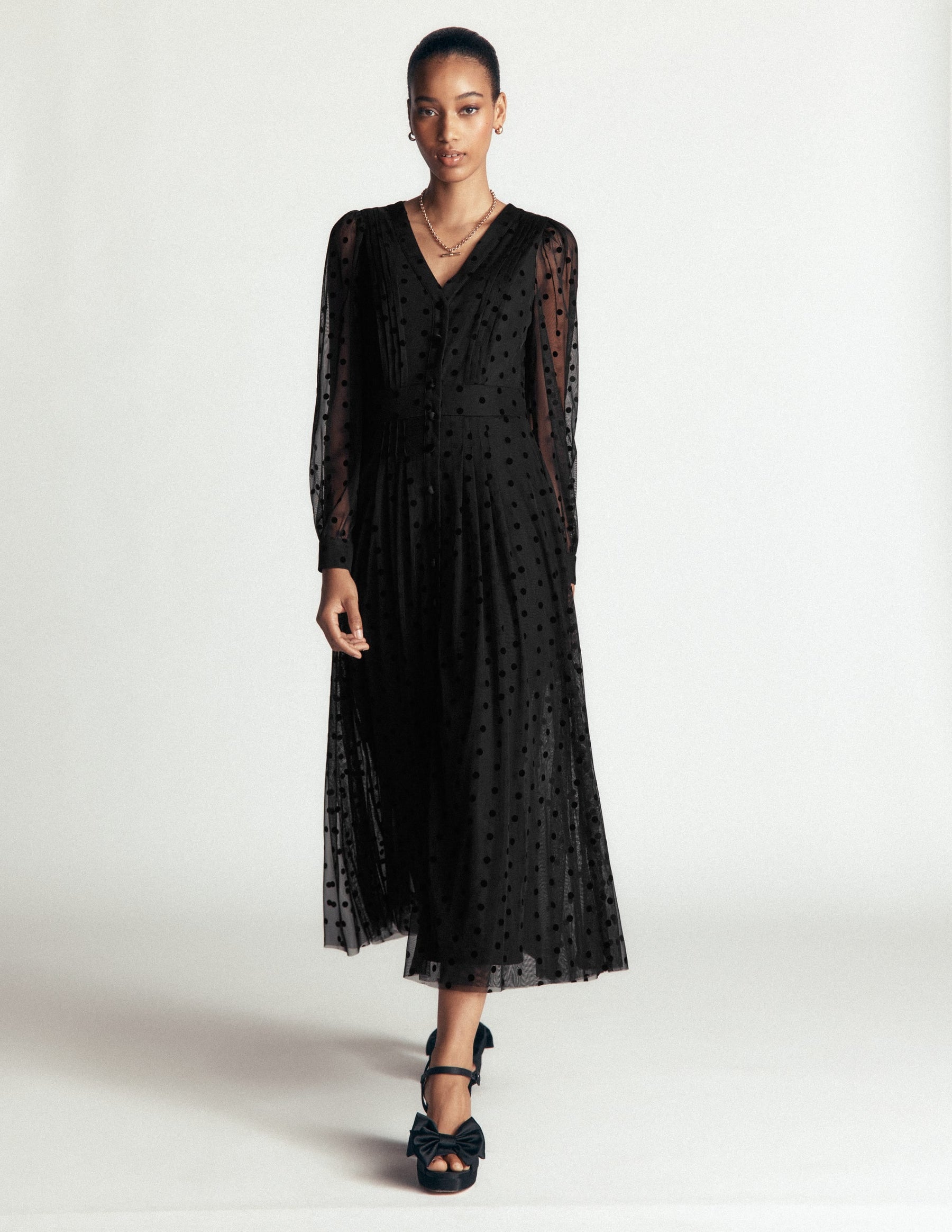 Pleated Tulle Midi Dress-Black