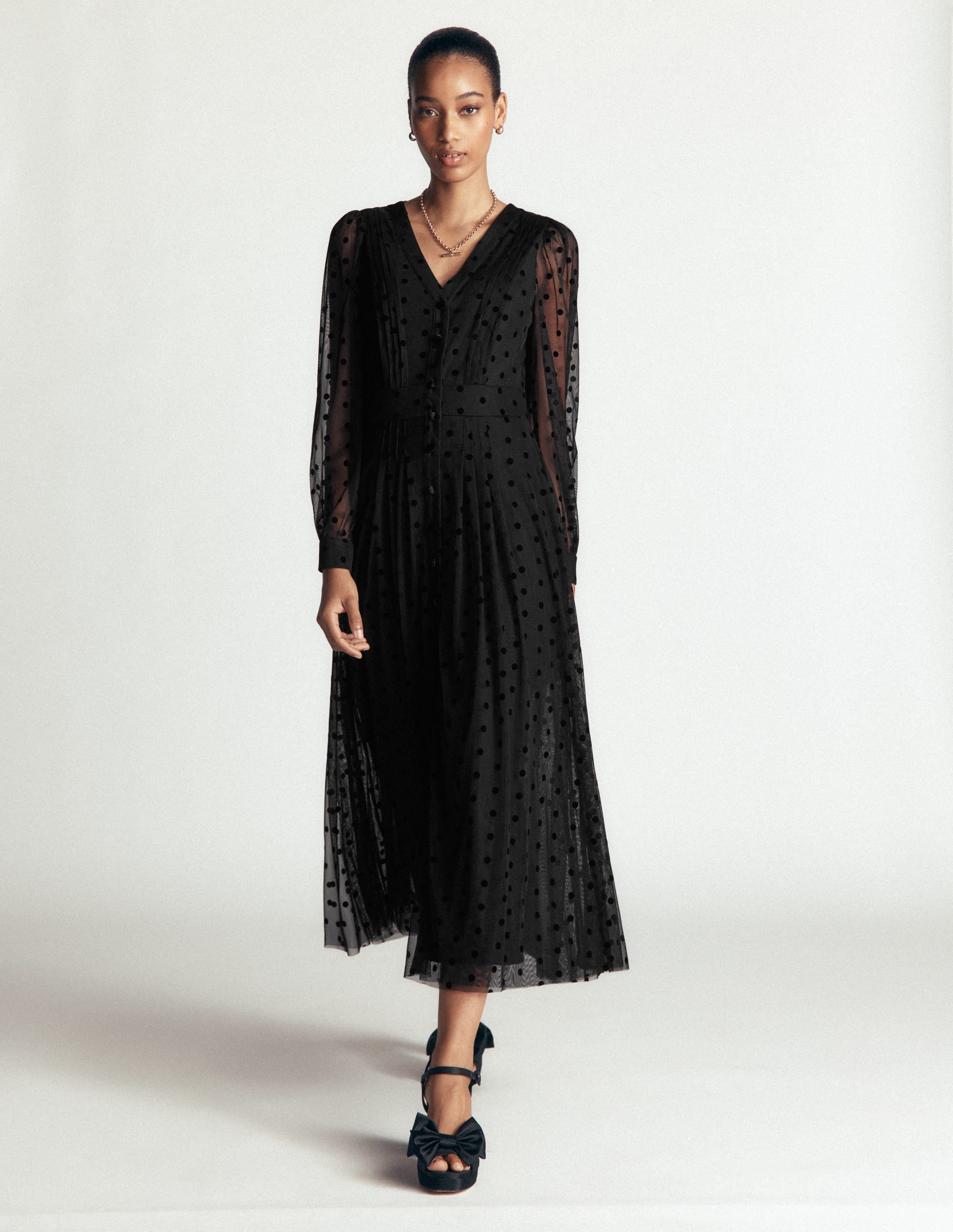 Pleated Tulle Midi Dress-Black