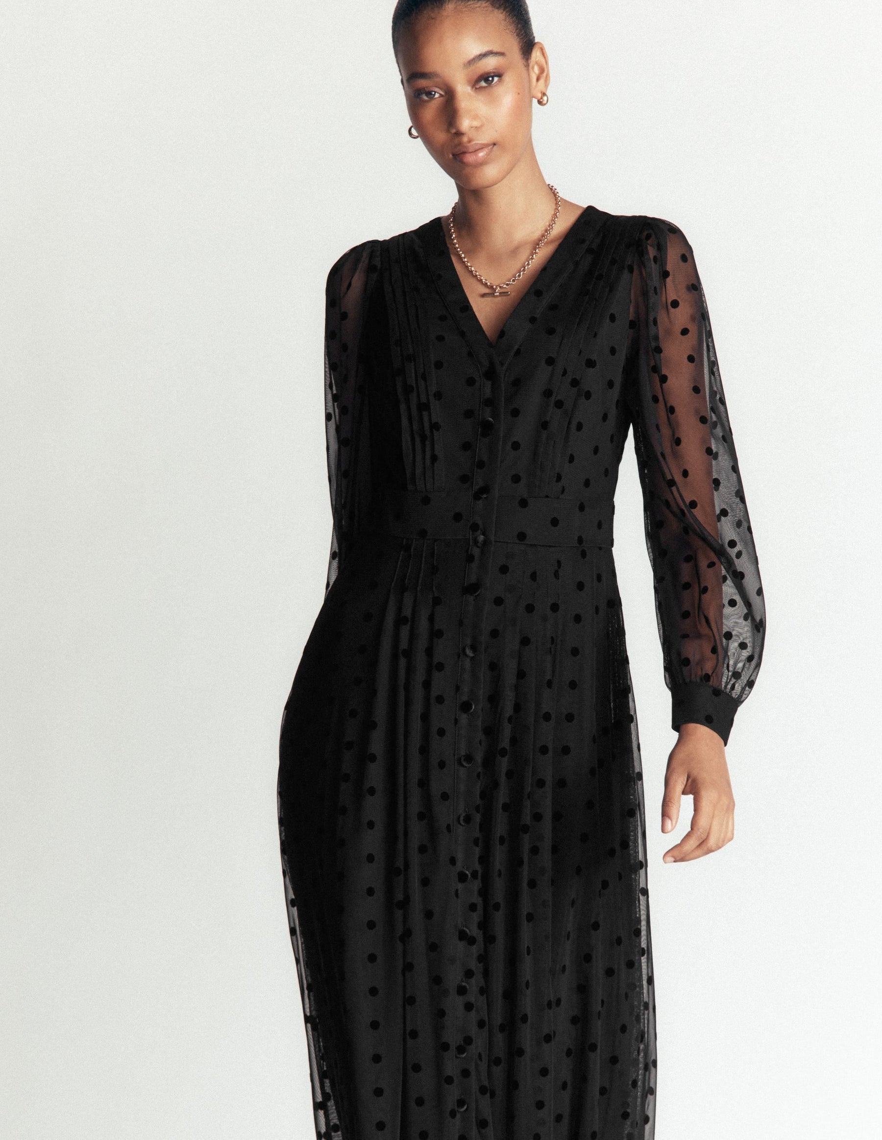 Pleated Tulle Midi Dress-Black