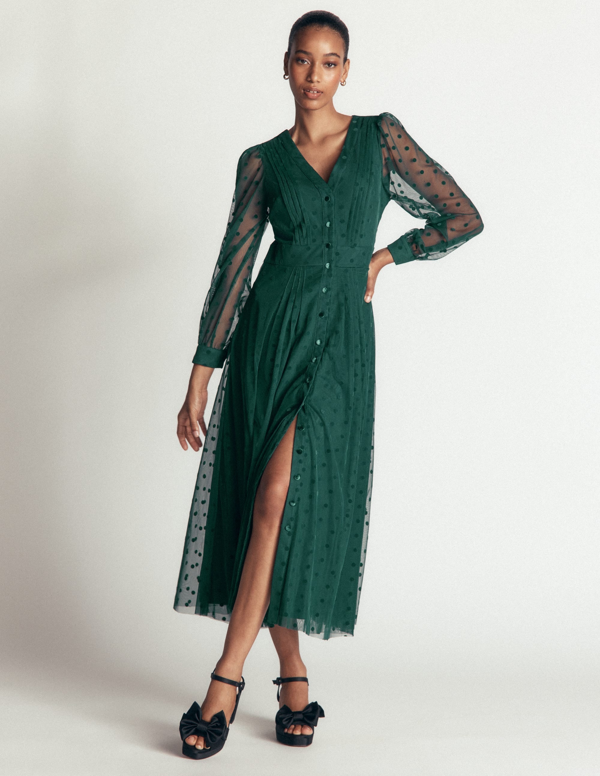 Pleated Tulle Midi Dress-Midnight Teal