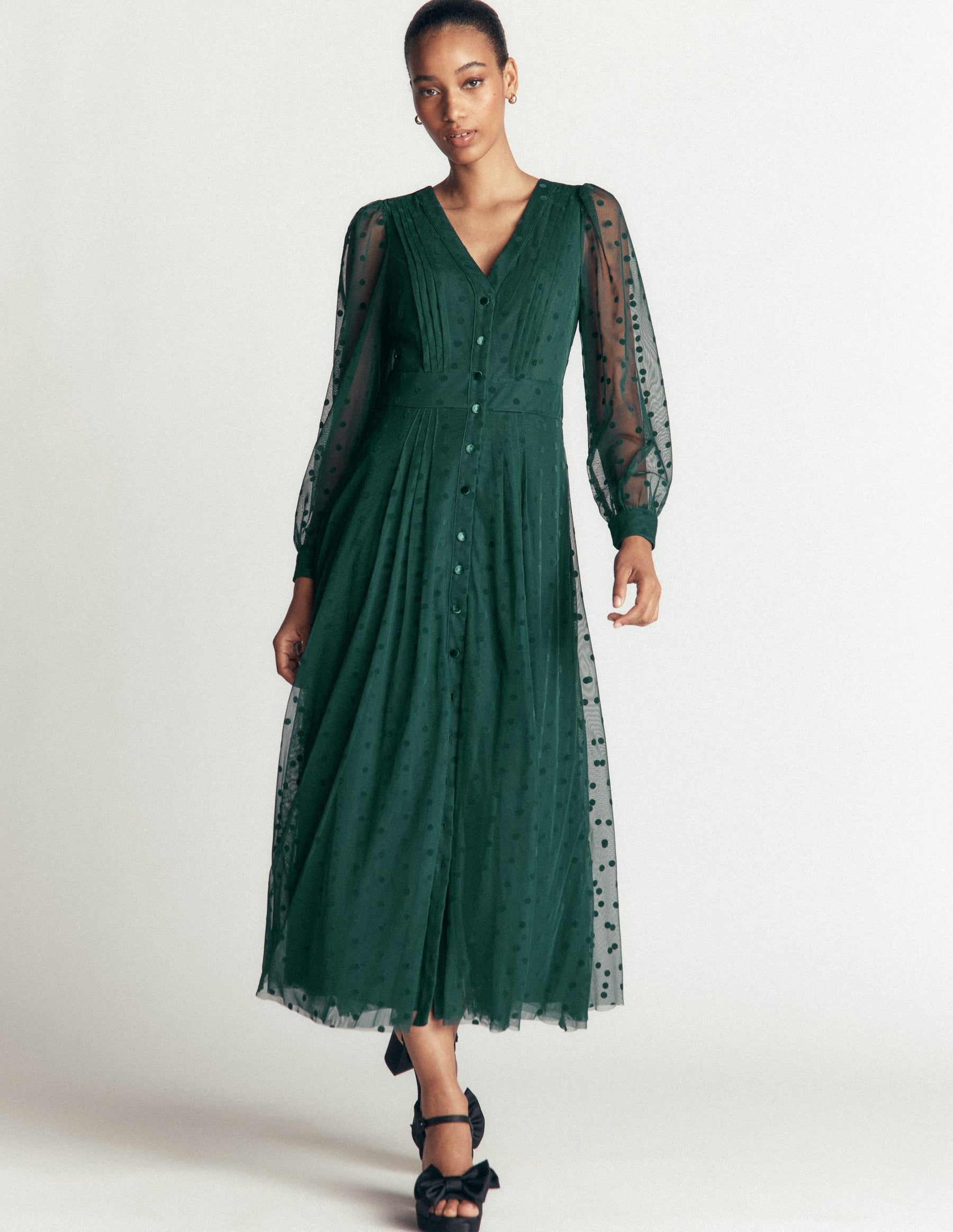 Pleated Tulle Midi Dress-Midnight Teal