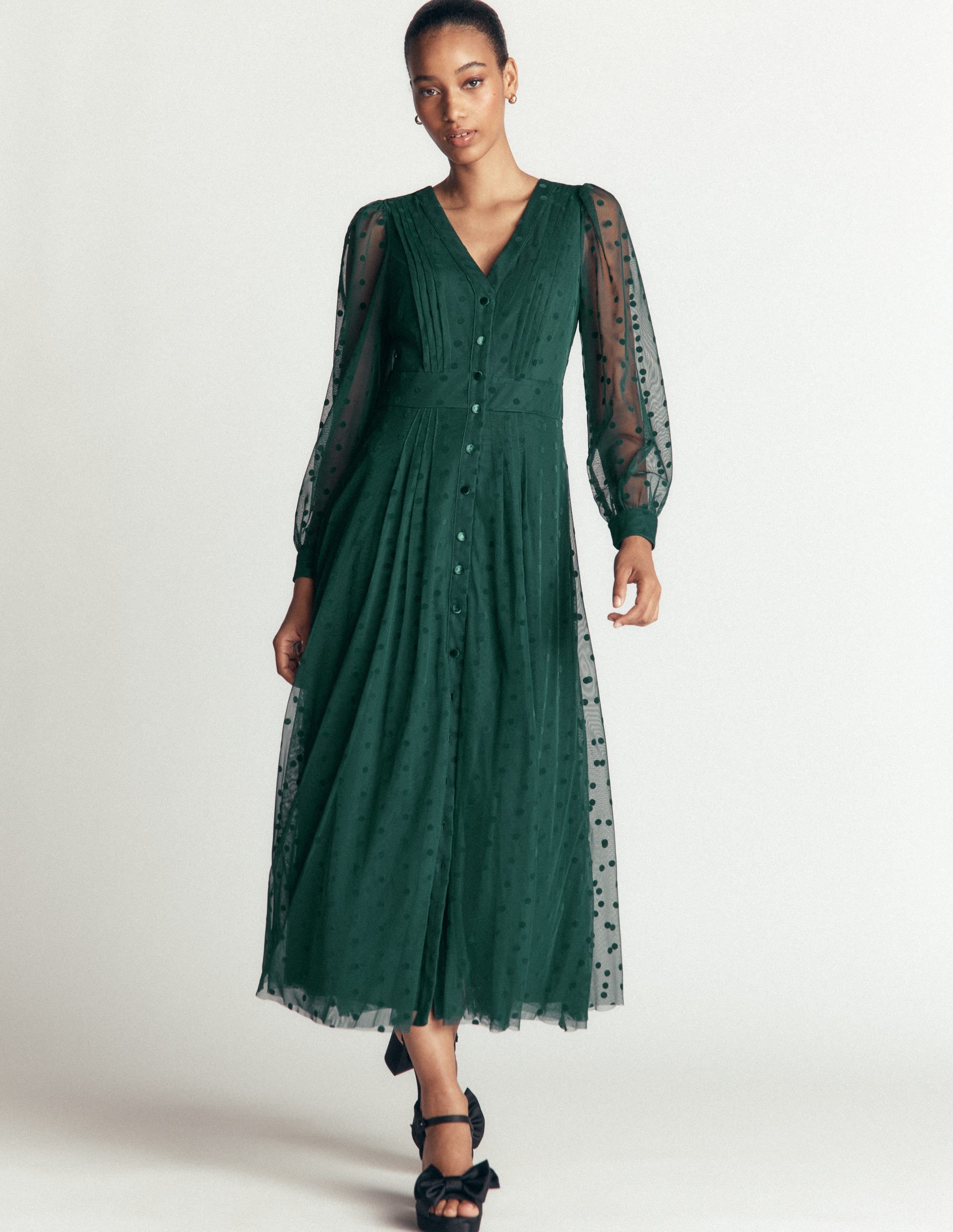 Pleated Tulle Midi Dress-Midnight Teal