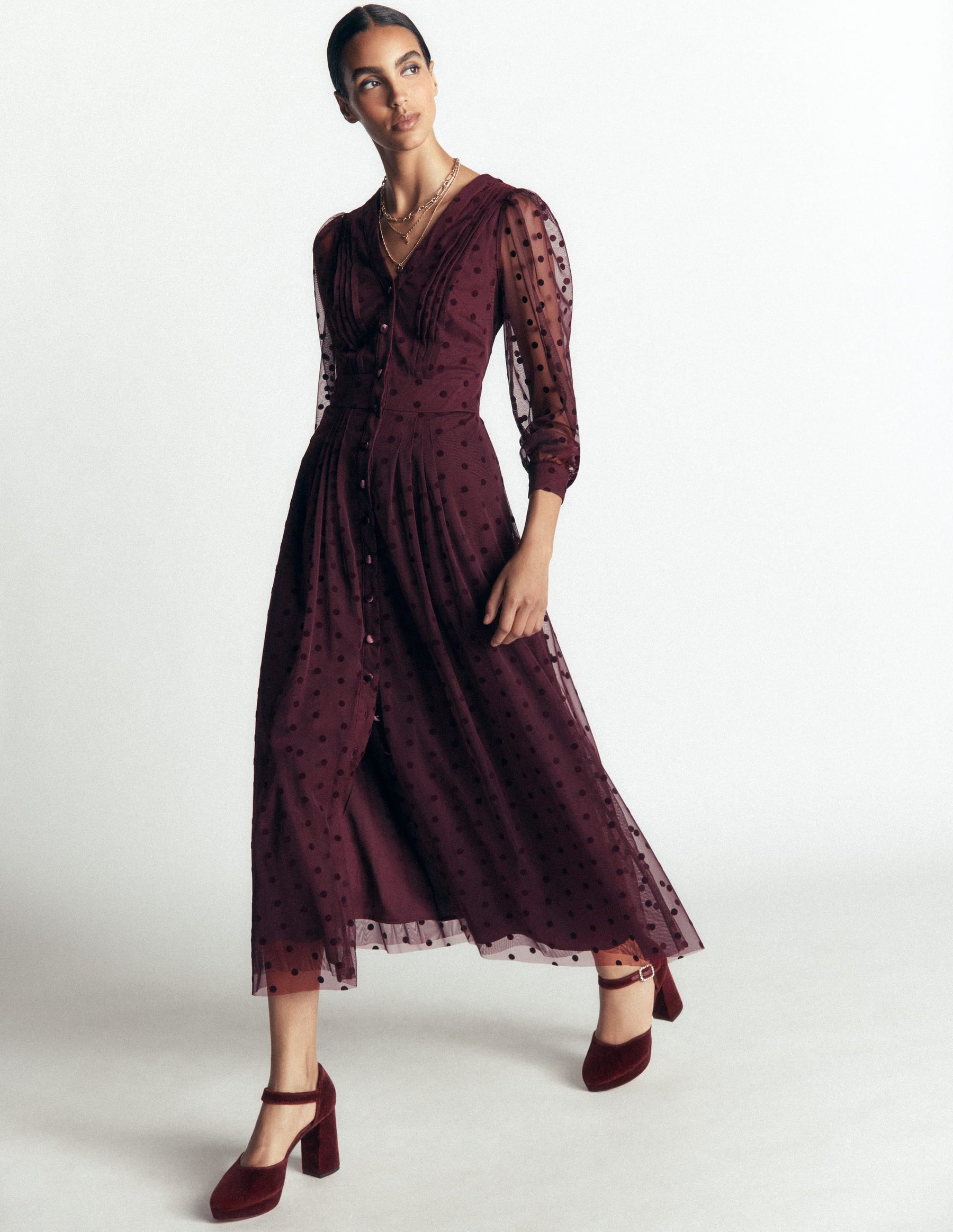 Pleated Tulle Midi Dress-Dark Cherry