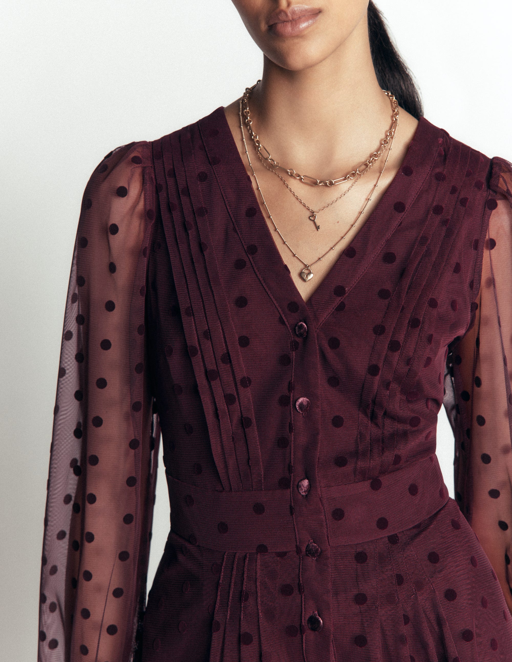 Pleated Tulle Midi Dress-Dark Cherry