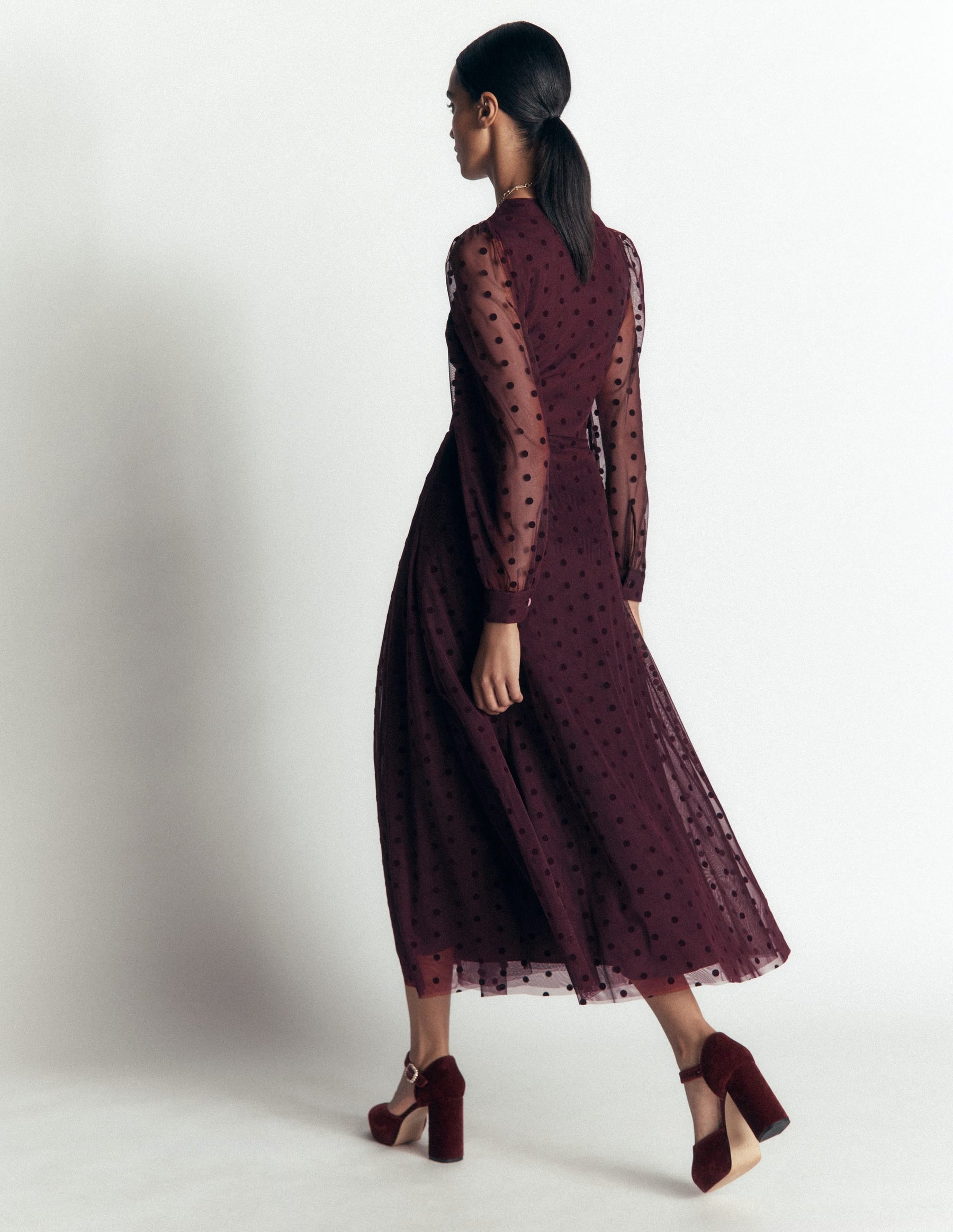 Pleated Tulle Midi Dress-Dark Cherry