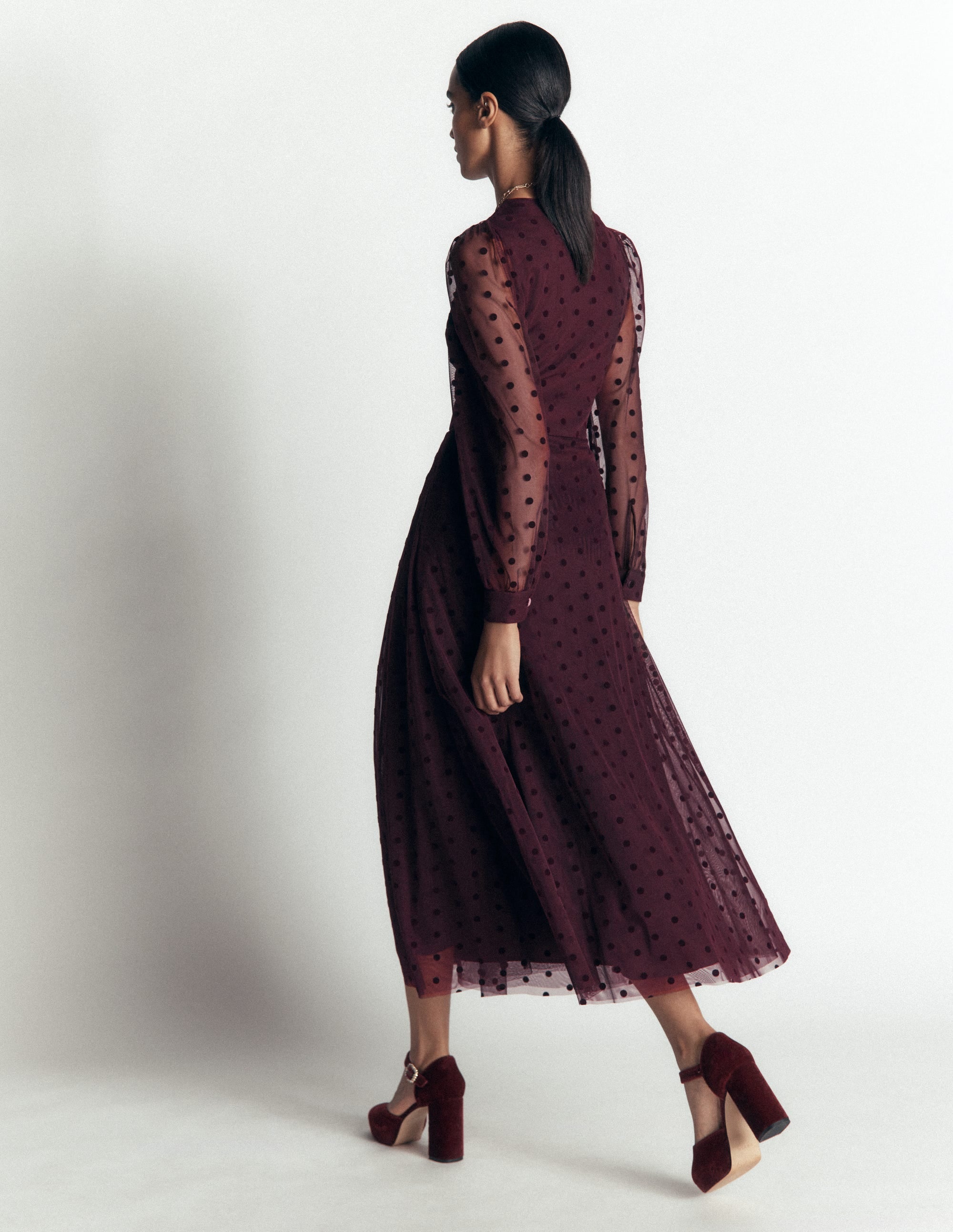 Pleated Tulle Midi Dress-Dark Cherry