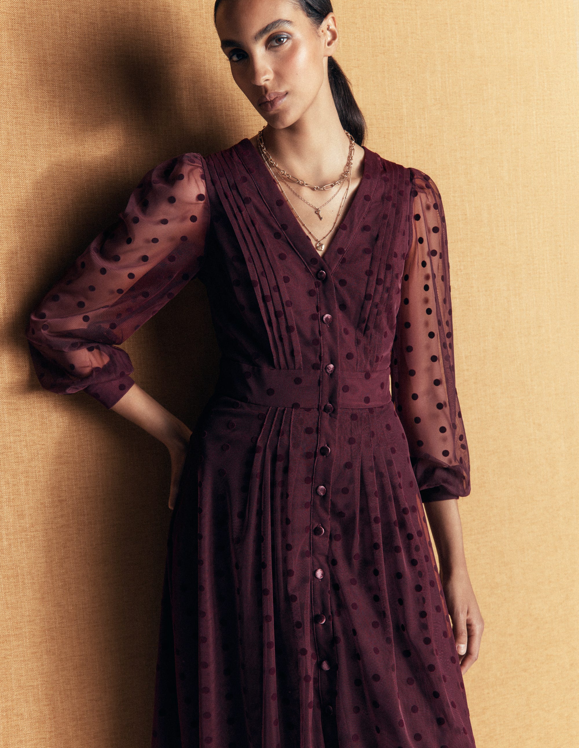 Pleated Tulle Midi Dress-Dark Cherry