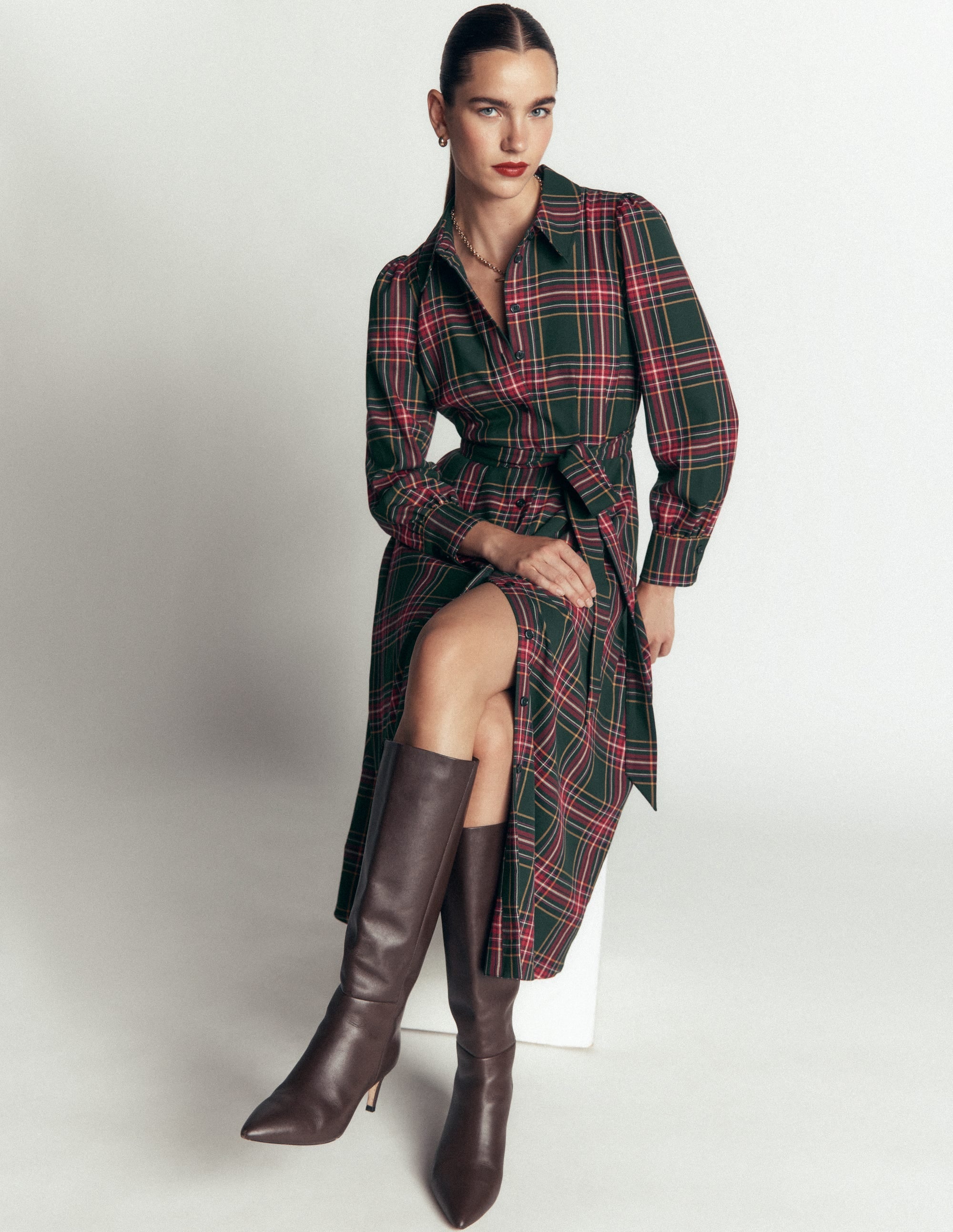 Maeve Check Midi Shirt Dress-Green, Navy and Red Check