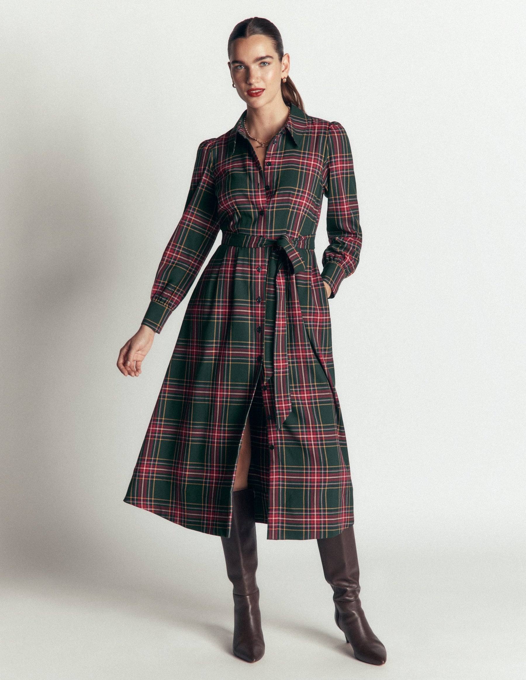 Maeve Check Midi Shirt Dress-Green, Navy and Red Check