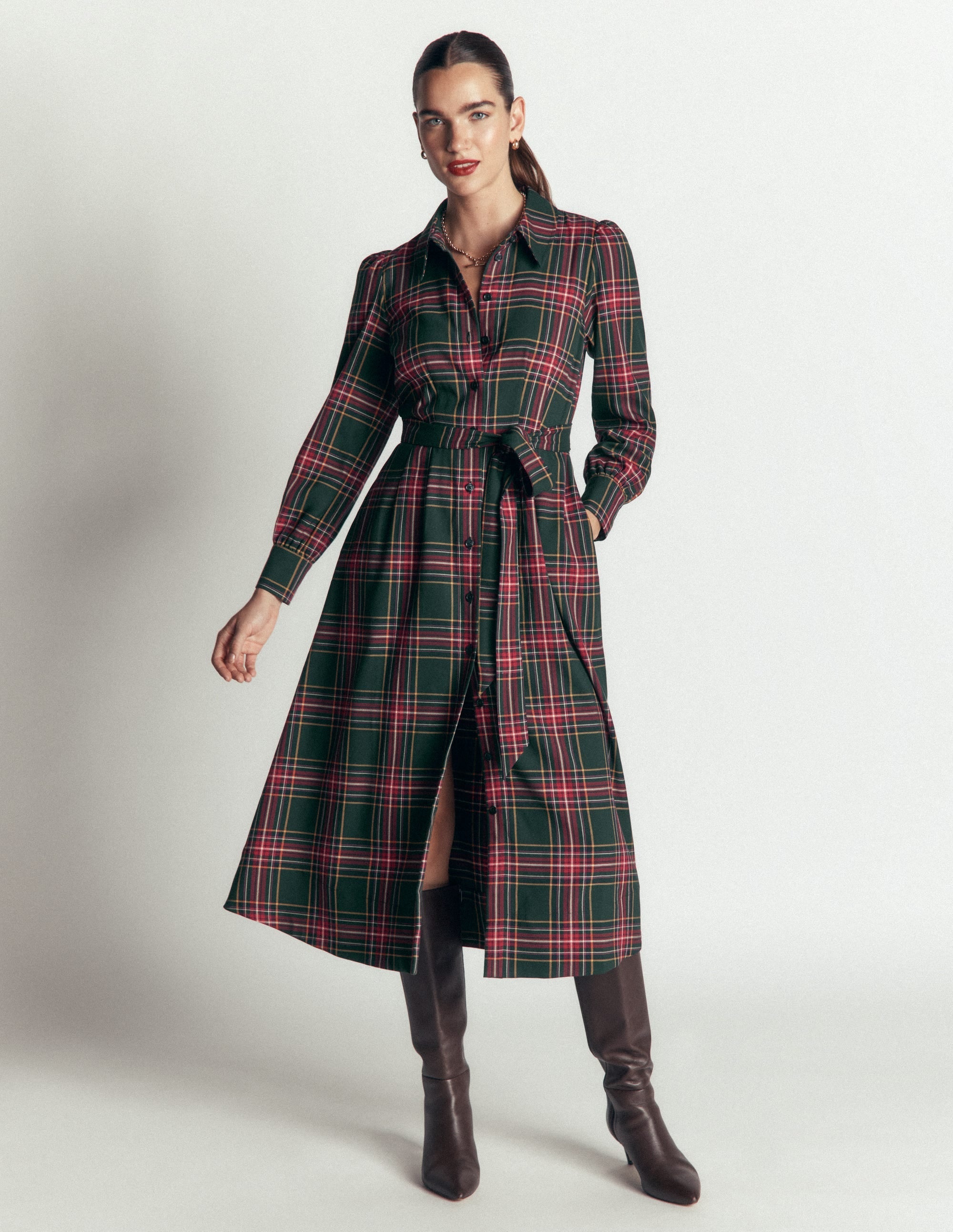 Maeve Check Midi Shirt Dress-Green, Navy and Red Check