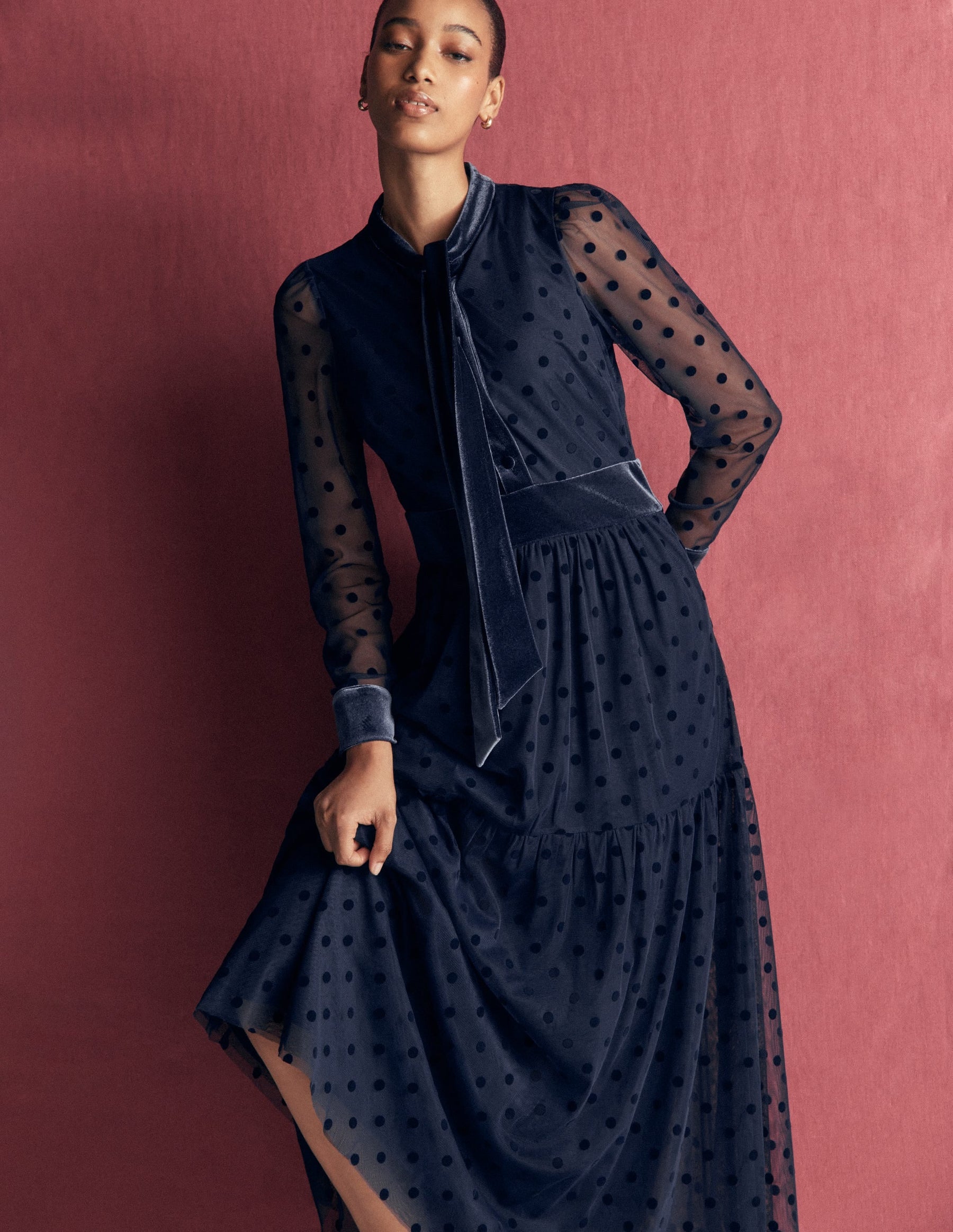 Tie Neck Tiered Tulle Dress-Navy
