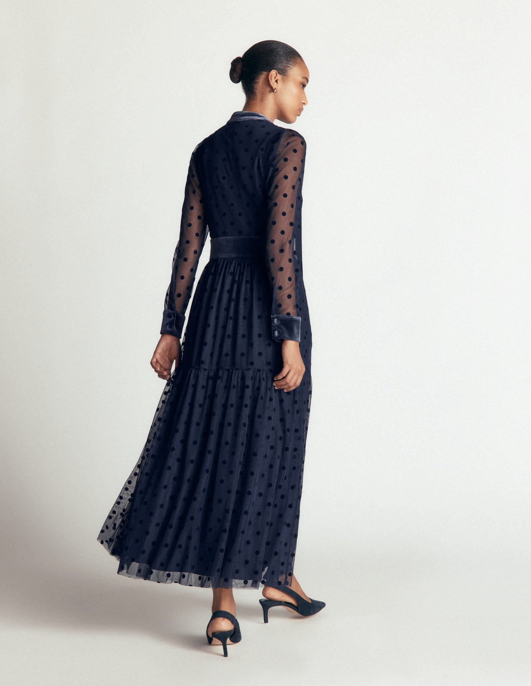 Tie Neck Tiered Tulle Dress-Navy