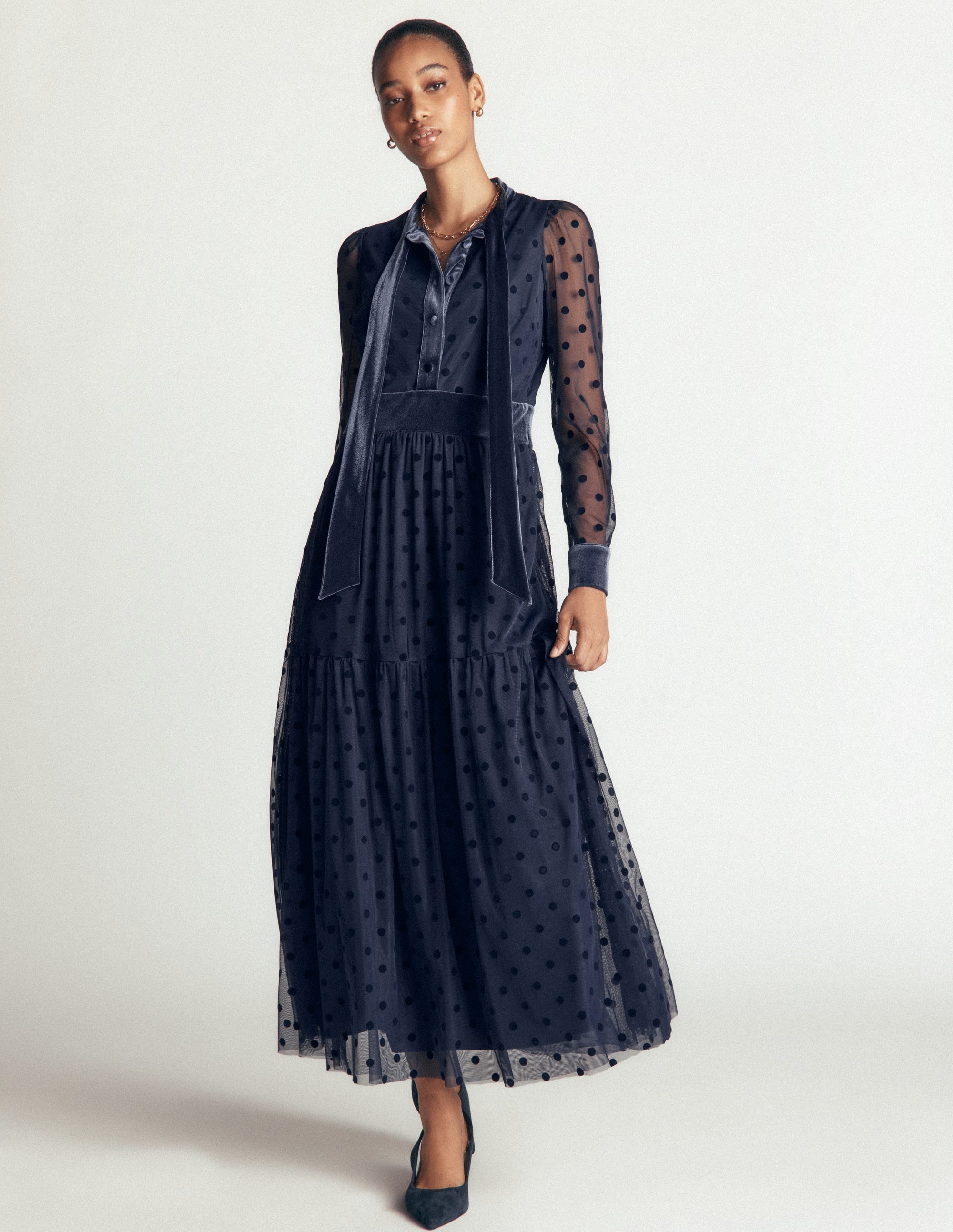 Tie Neck Tiered Tulle Dress-Navy