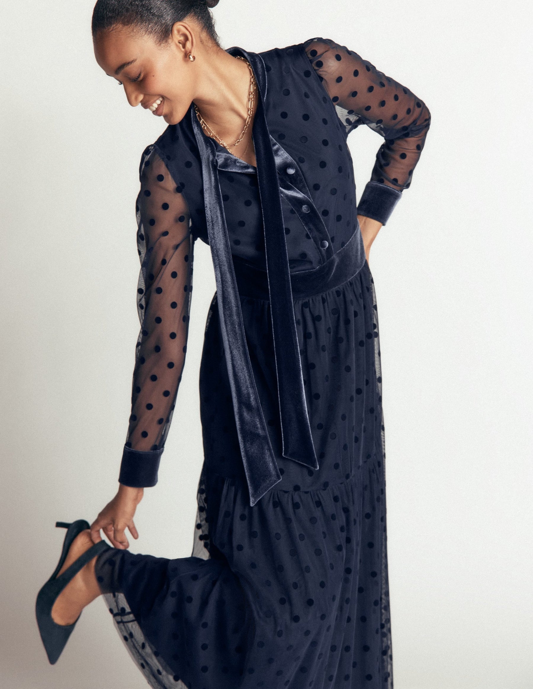 Tie Neck Tiered Tulle Dress-Navy