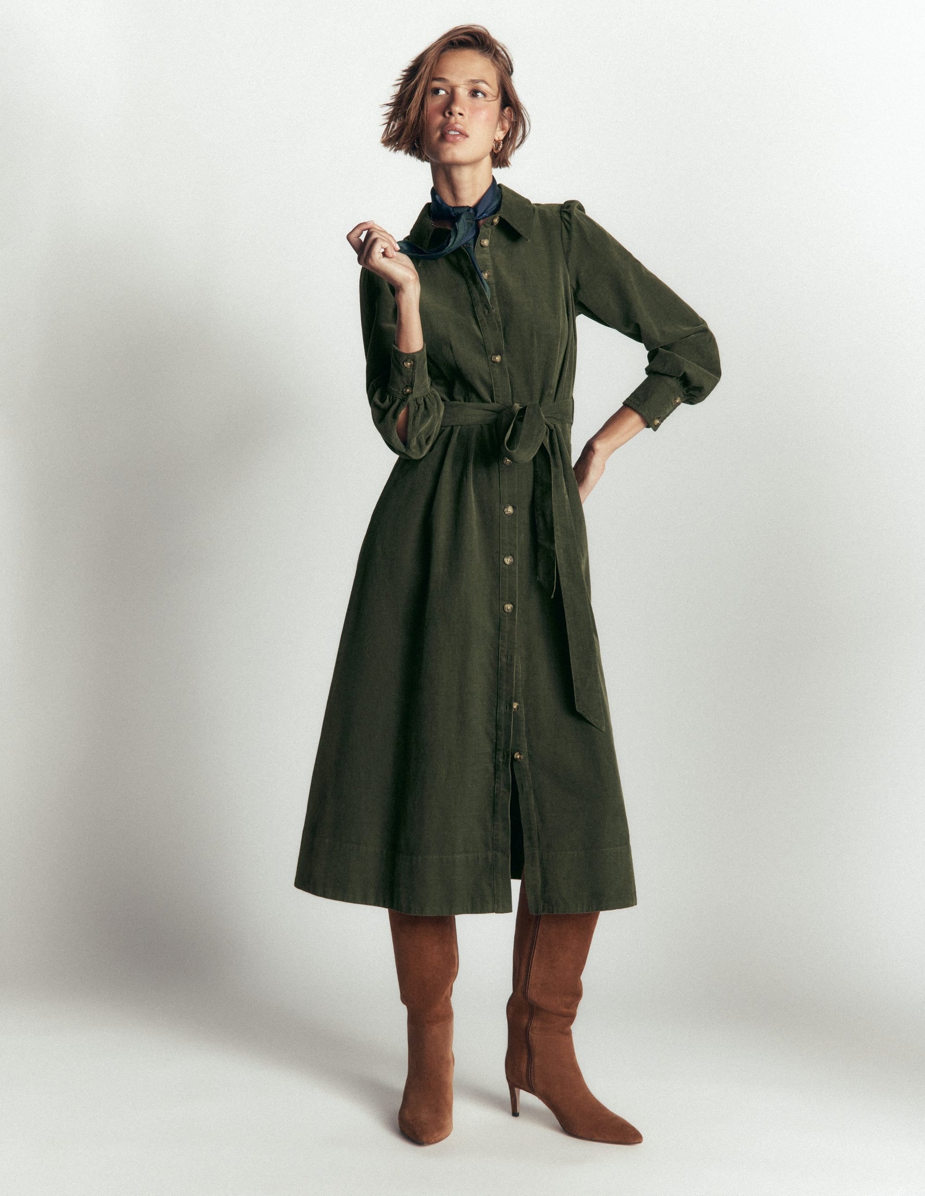 Maeve Cord Midi Shirt Dress-Forest Glade