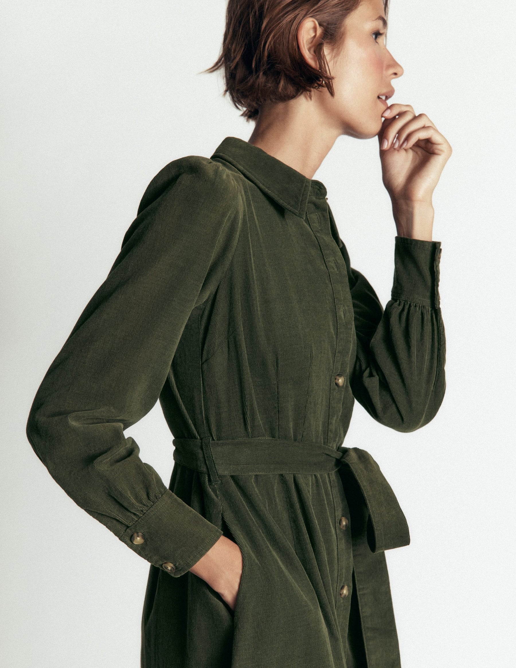 Maeve Cord Midi Shirt Dress-Forest Glade
