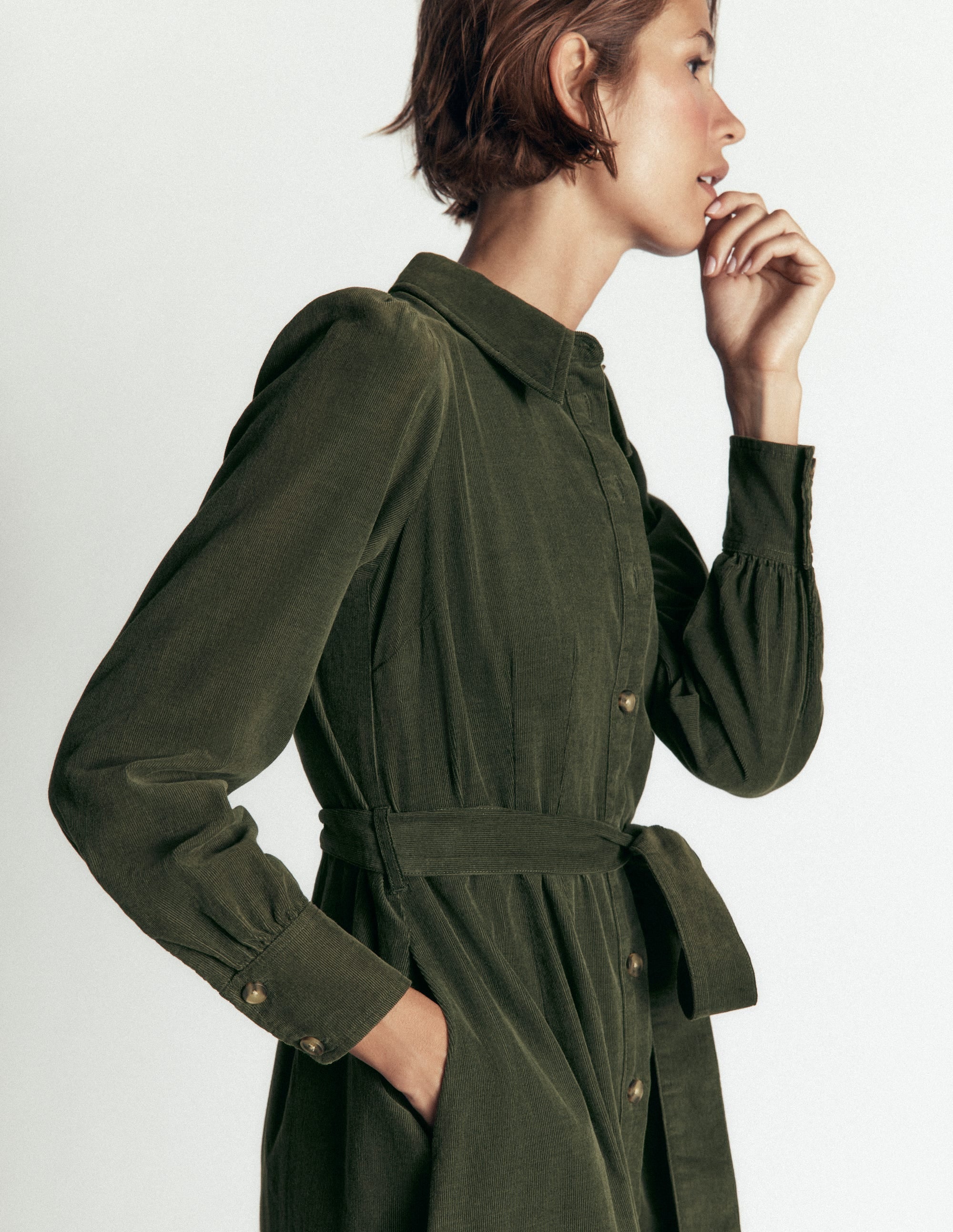Maeve Cord Midi Shirt Dress-Forest Glade