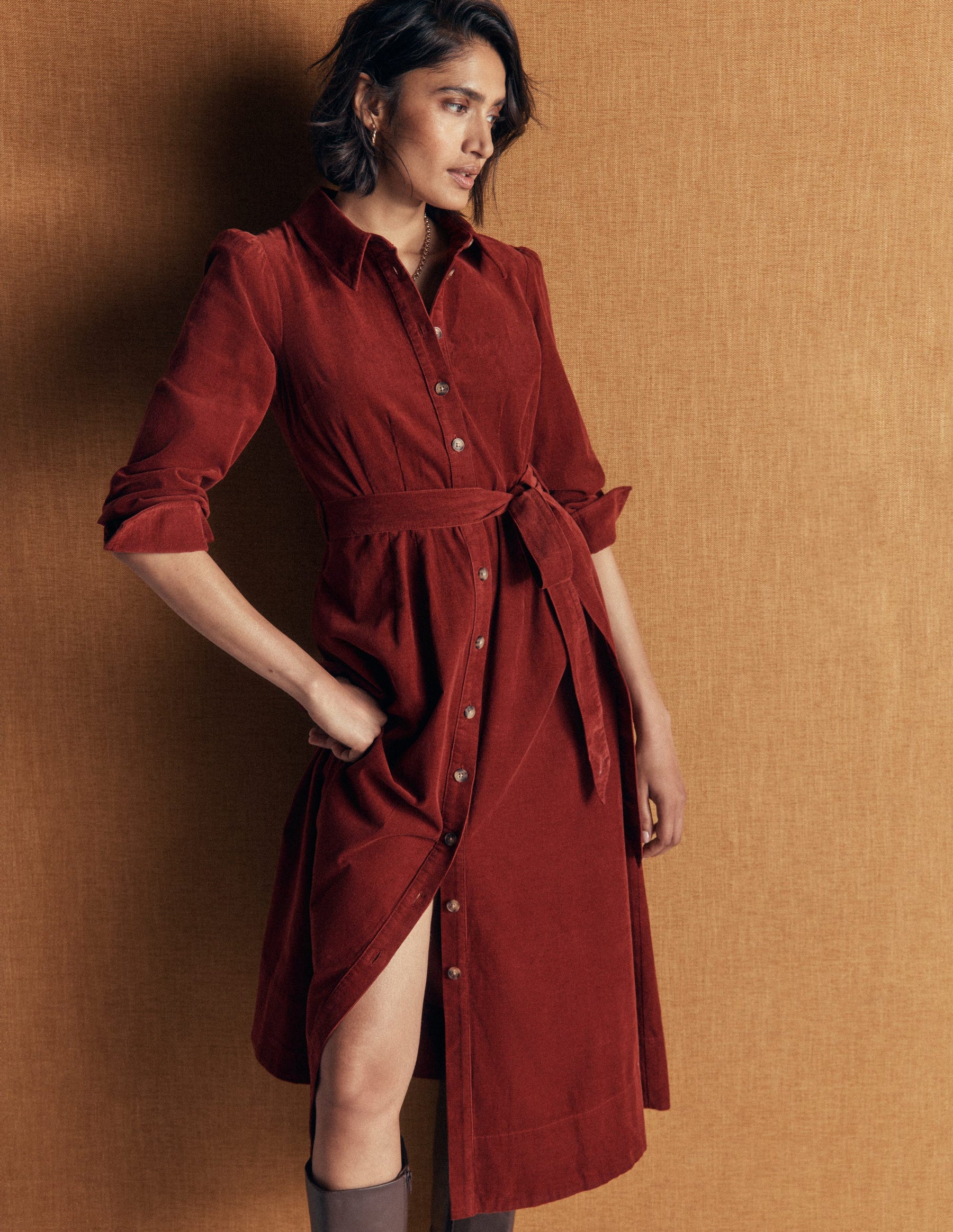 Maeve Cord Midi Shirt Dress-Spiced Apple