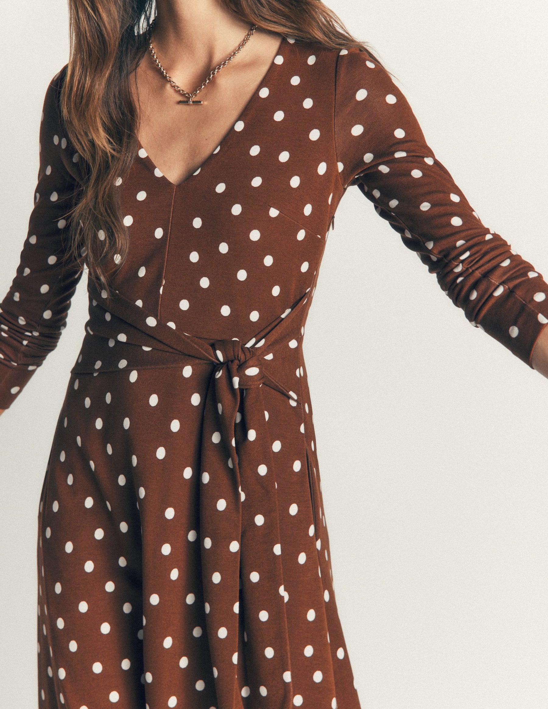 Tie Waist Ponte Dress-Raw Umber, Painted Dot