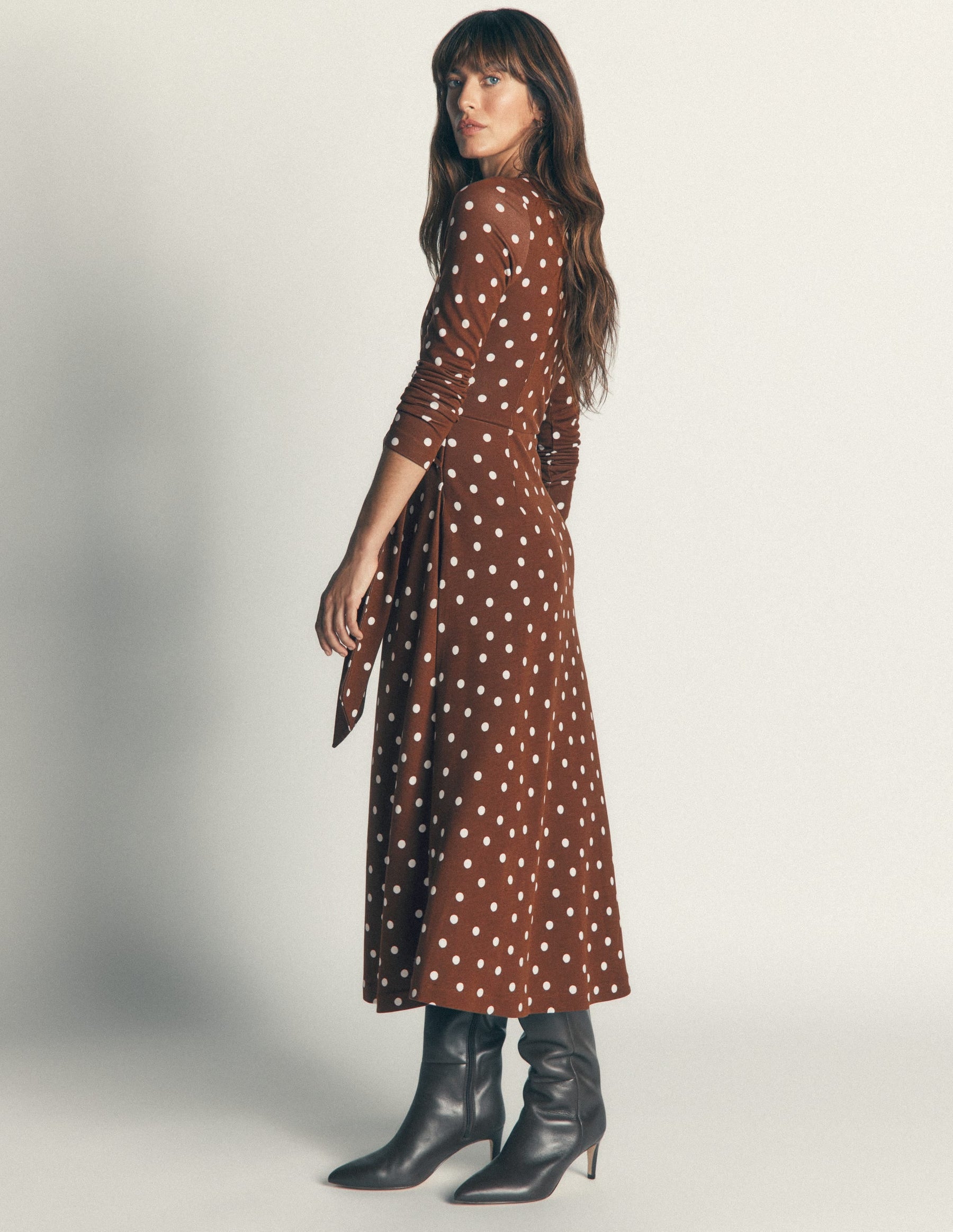 Tie Waist Ponte Dress-Raw Umber, Painted Dot