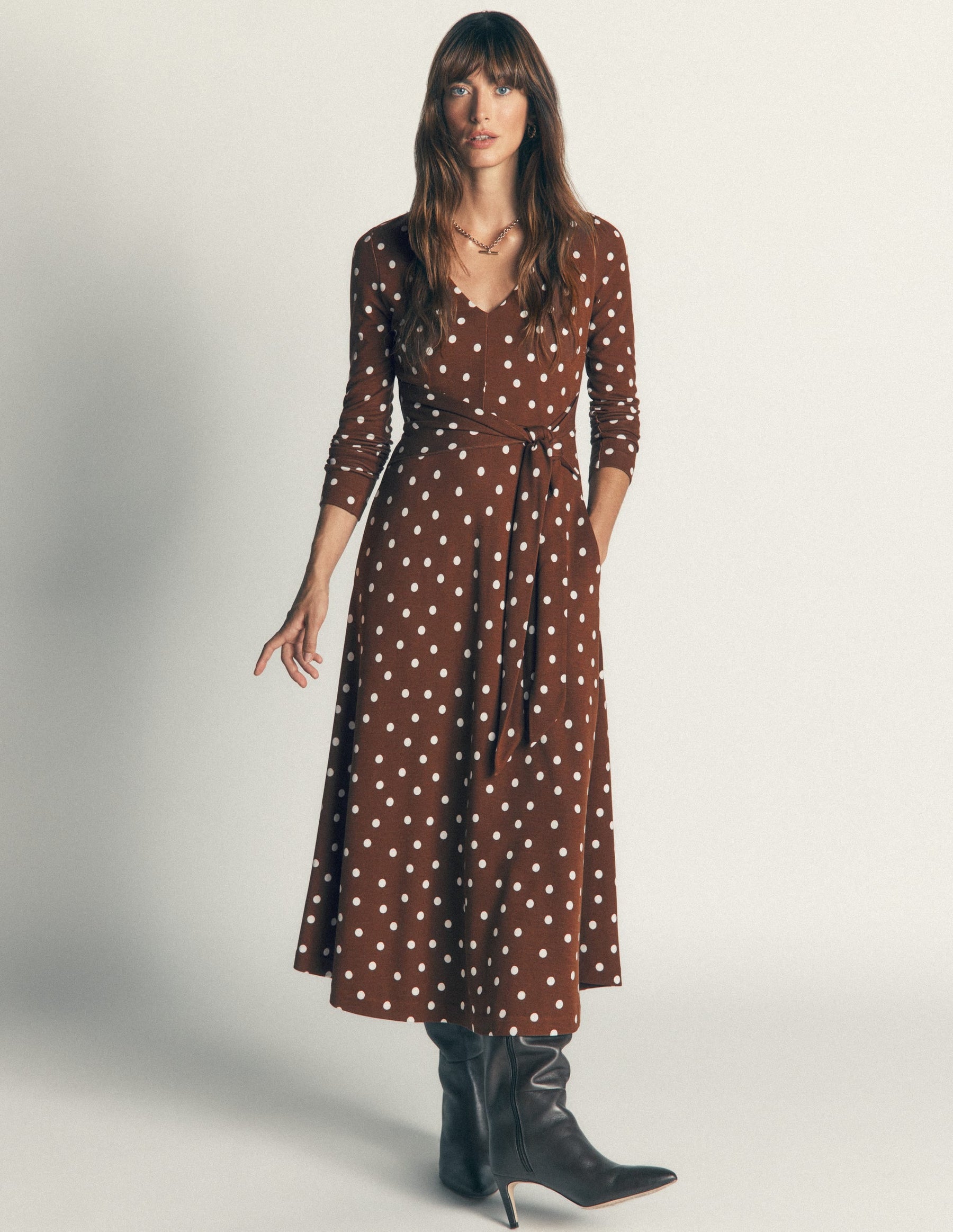 Tie Waist Ponte Dress-Raw Umber, Painted Dot