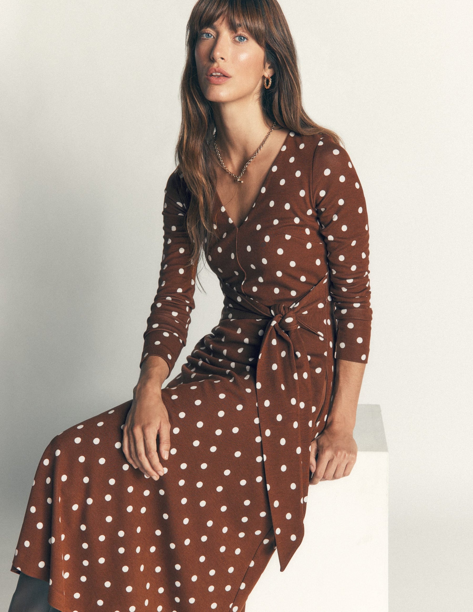 Tie Waist Ponte Dress-Raw Umber, Painted Dot