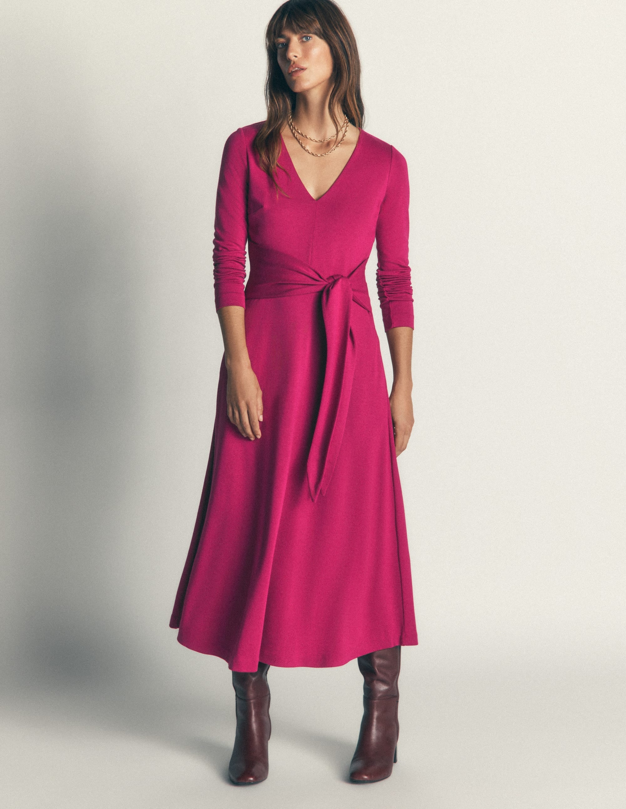 Tie Waist Ponte Dress-Beetroot Red
