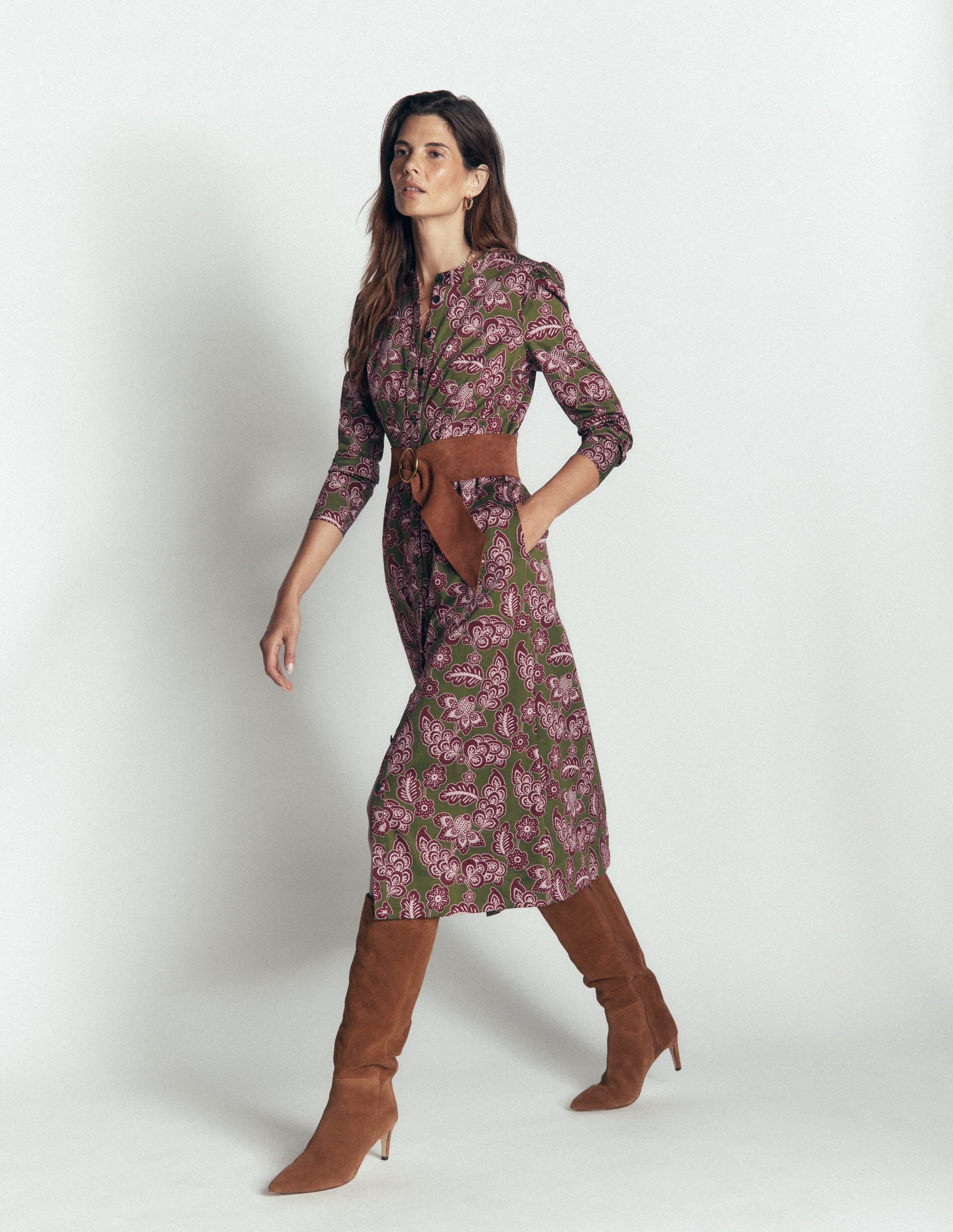 Louise Midi Shirt Dress-Forest Green, Tickled Meadows