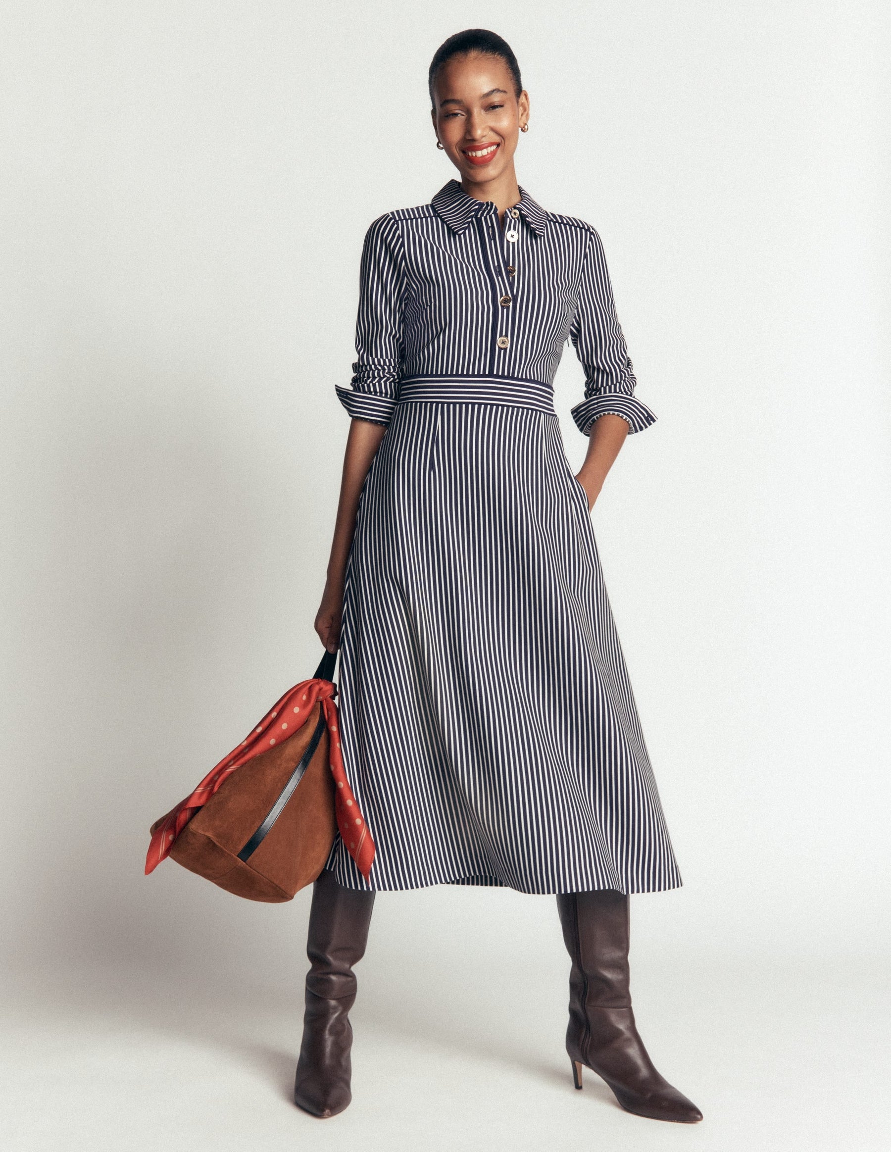 Etta Piping Detail Ponte Dress-Navy, Ivory Stripe