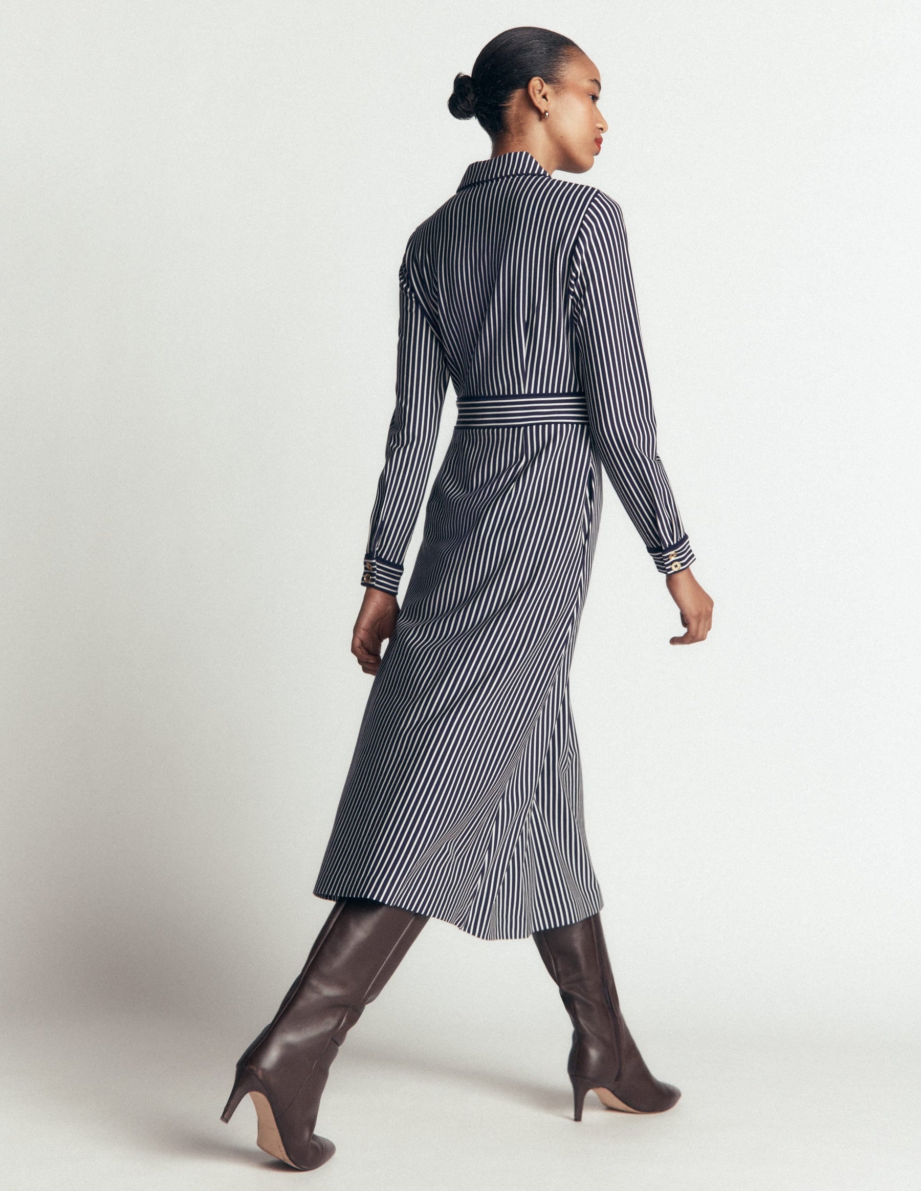 Etta Piping Detail Ponte Dress-Navy, Ivory Stripe