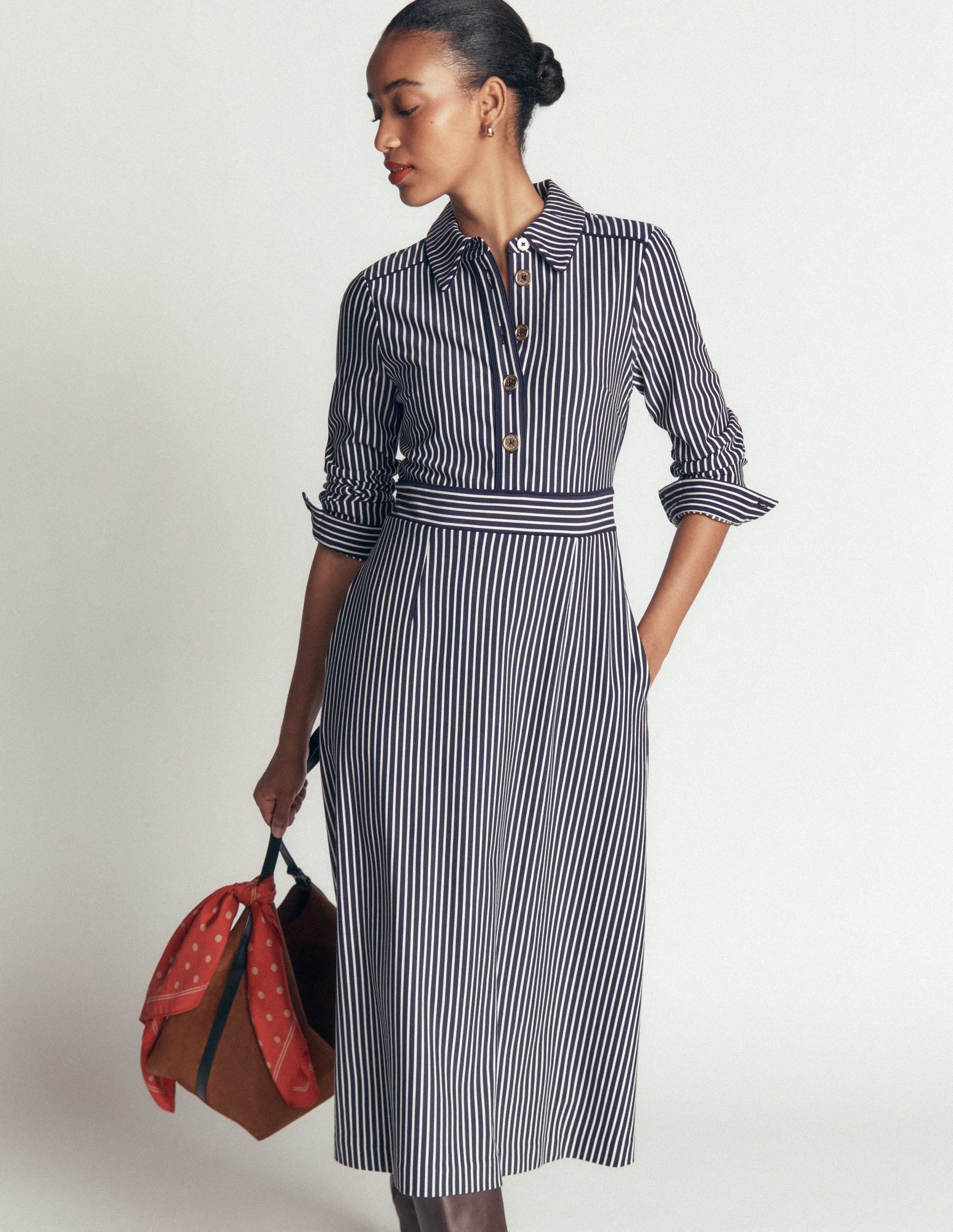 Etta Piping Detail Ponte Dress-Navy, Ivory Stripe