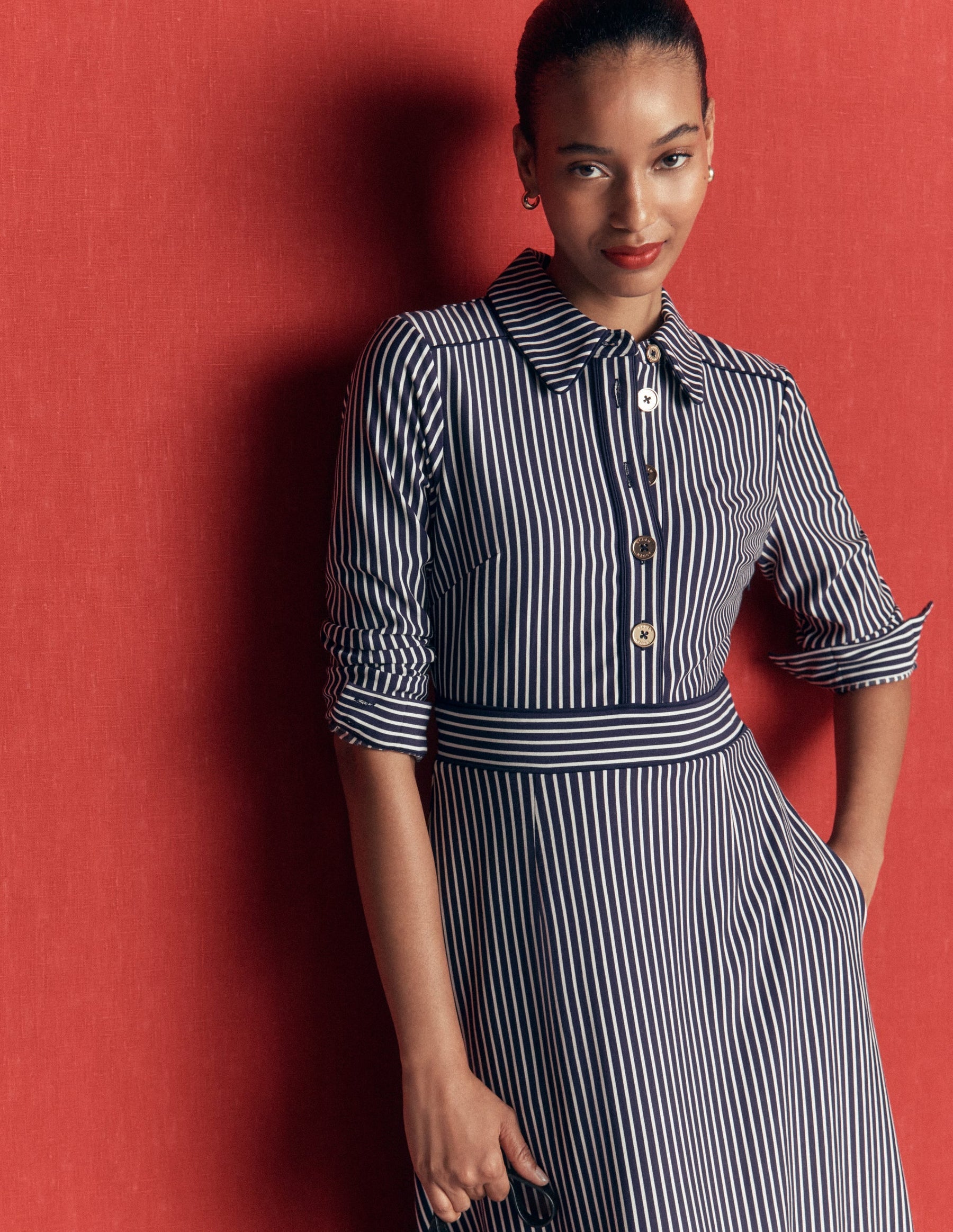 Etta Piping Detail Ponte Dress-Navy, Ivory Stripe