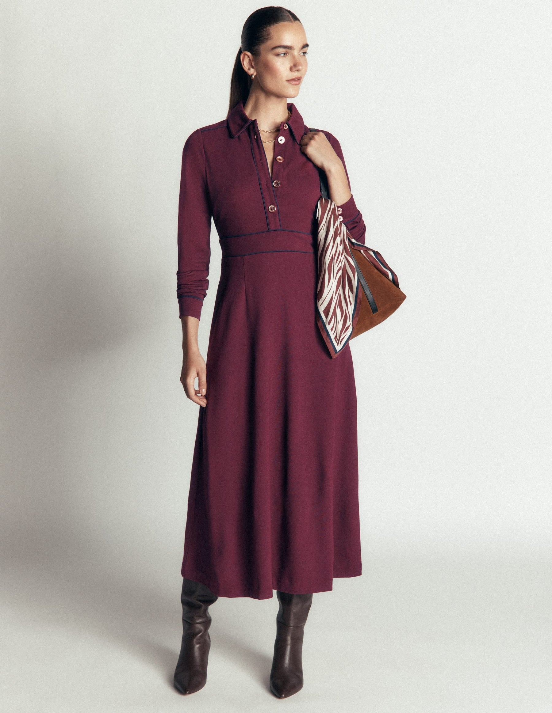 Etta Piping Detail Ponte Dress-Dark Cherry, Navy