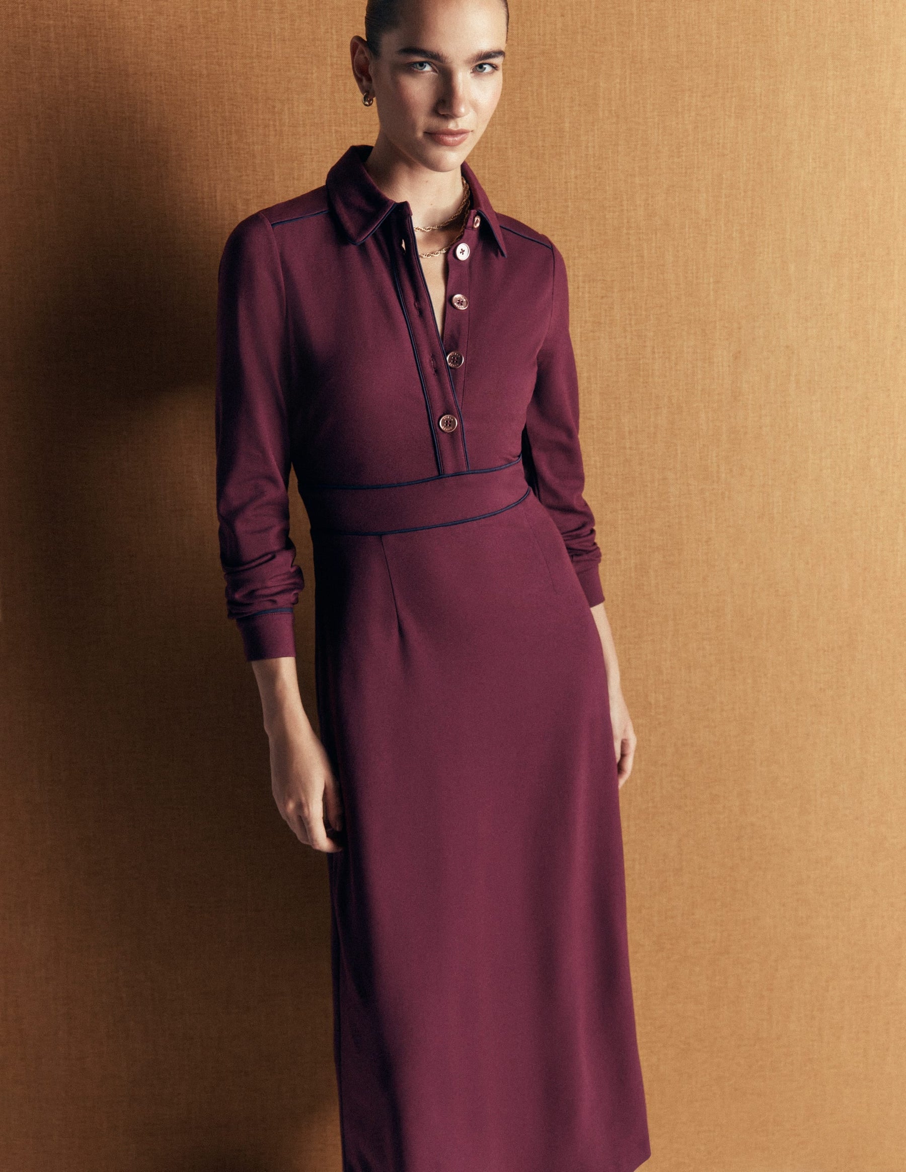 Etta Piping Detail Ponte Dress-Dark Cherry, Navy