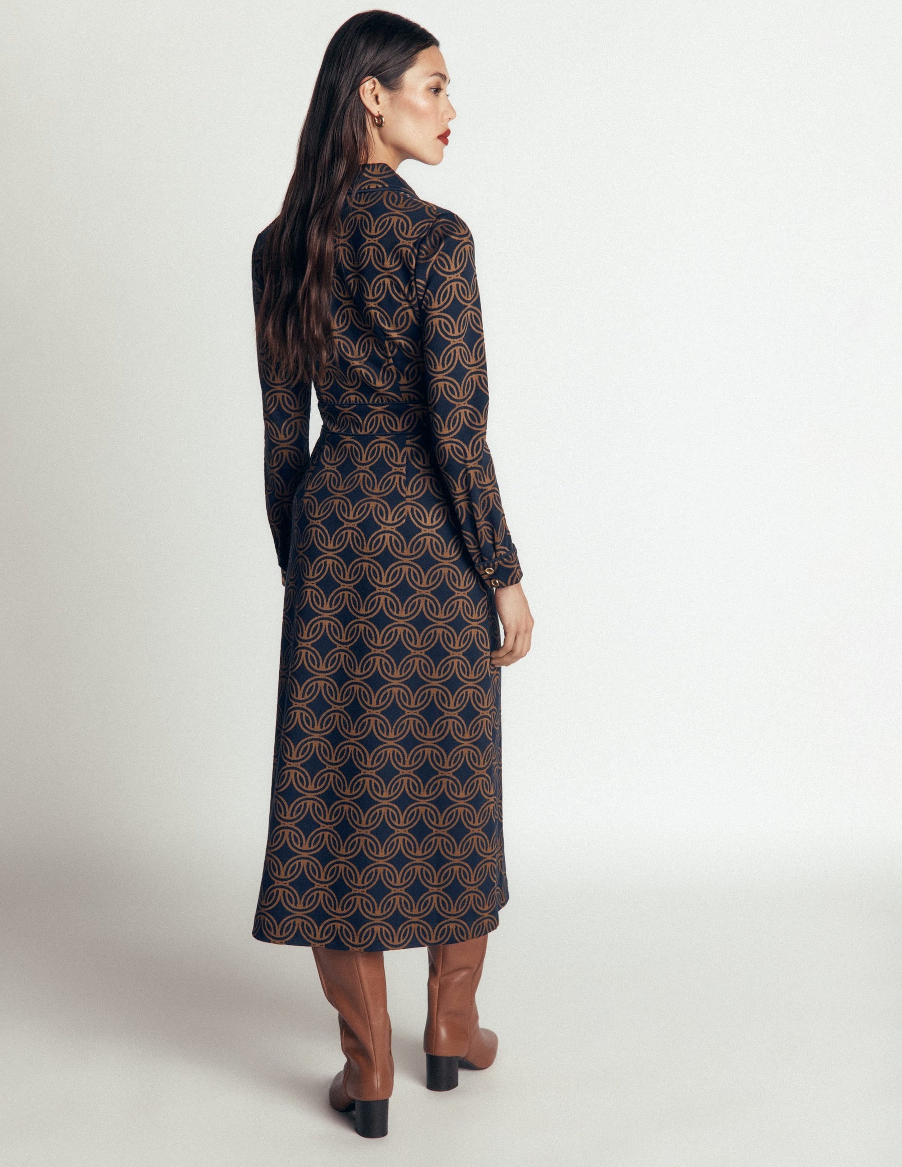 Etta Piping Detail Ponte Dress-Navy, Geo Parade Mono