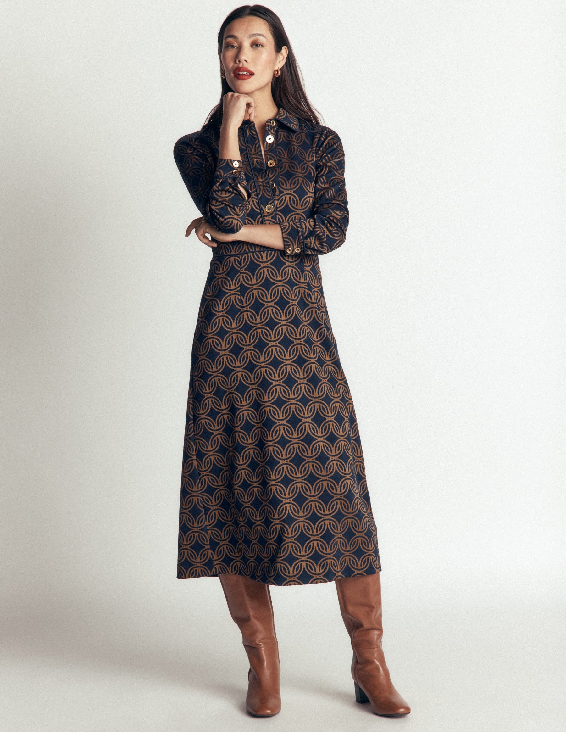 Etta Piping Detail Ponte Dress-Navy, Geo Parade Mono