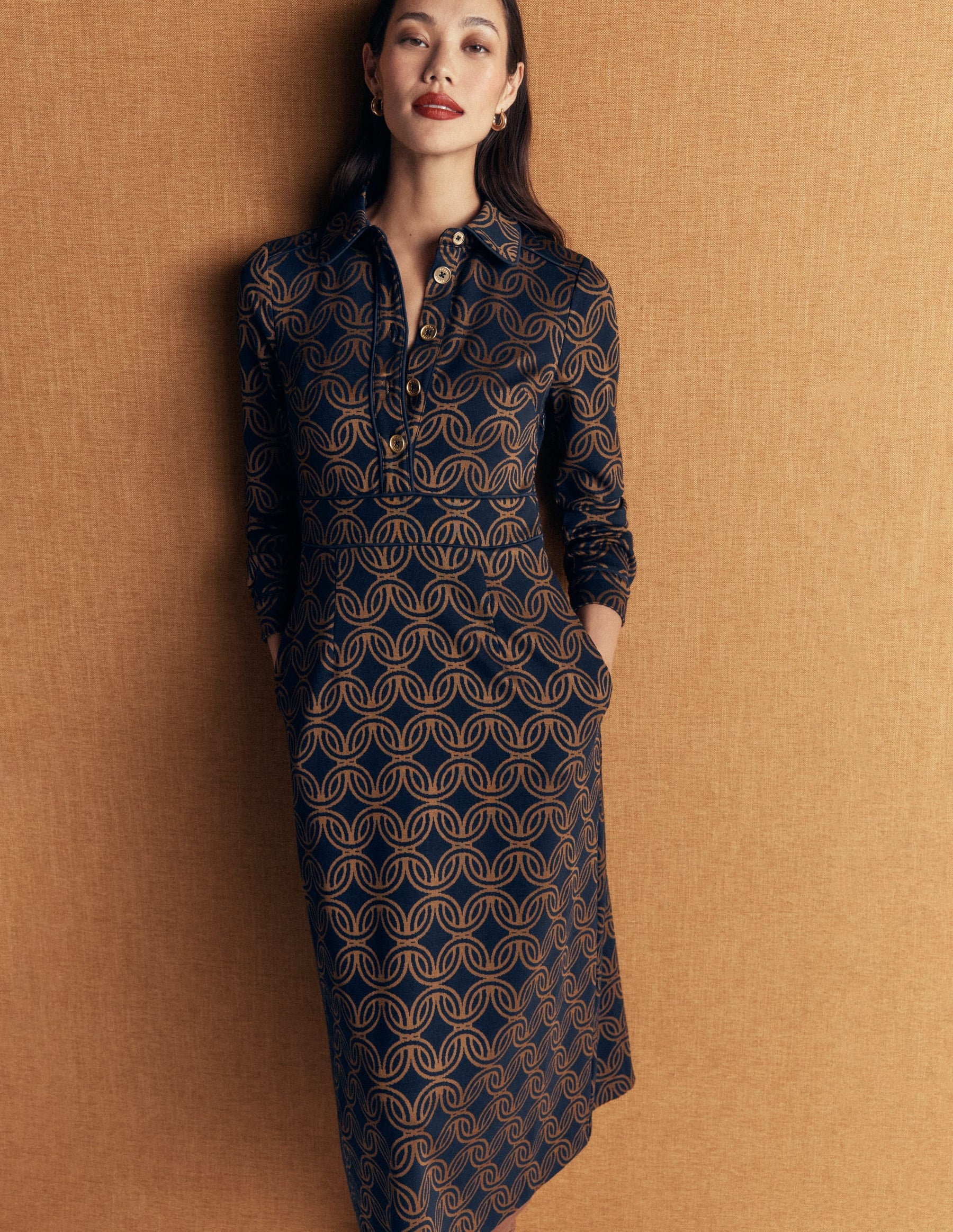 Etta Piping Detail Ponte Dress-Navy, Geo Parade Mono