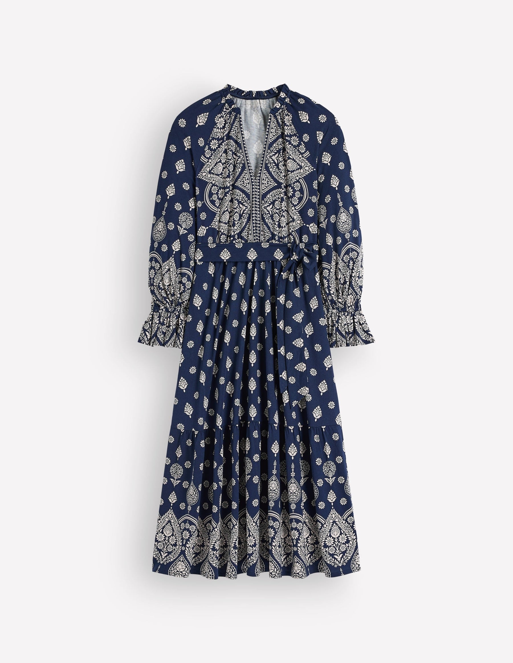 Blouson Tiered Jersey Dress-French Navy, Ornate Gardenia