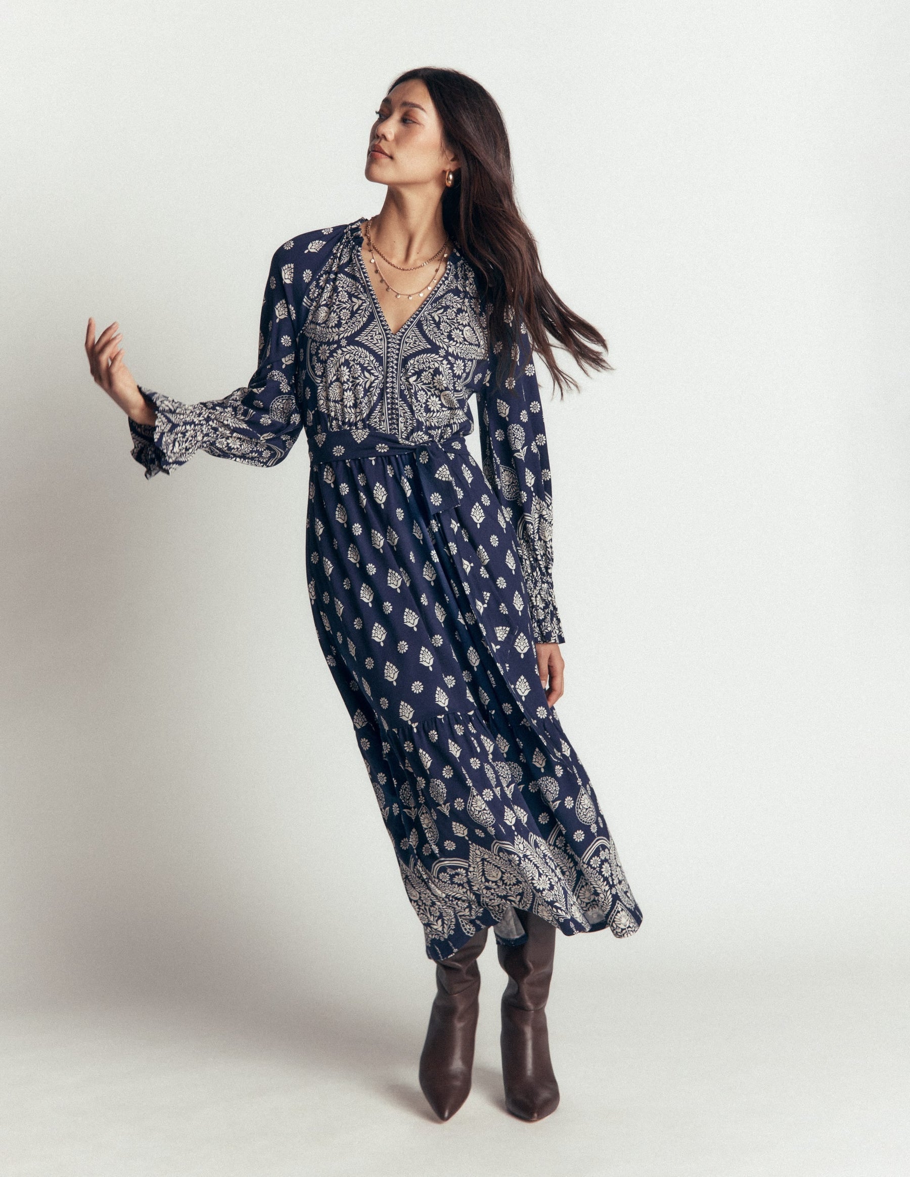 Blouson Tiered Jersey Dress-French Navy, Ornate Gardenia