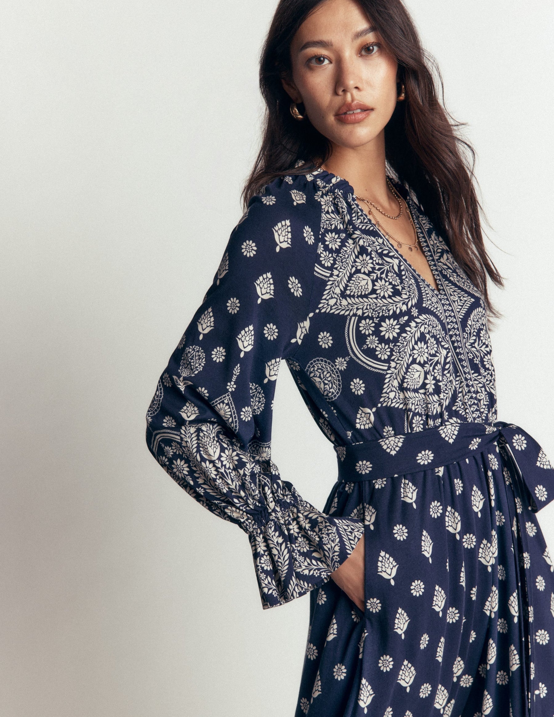 Blouson Tiered Jersey Dress-French Navy, Ornate Gardenia