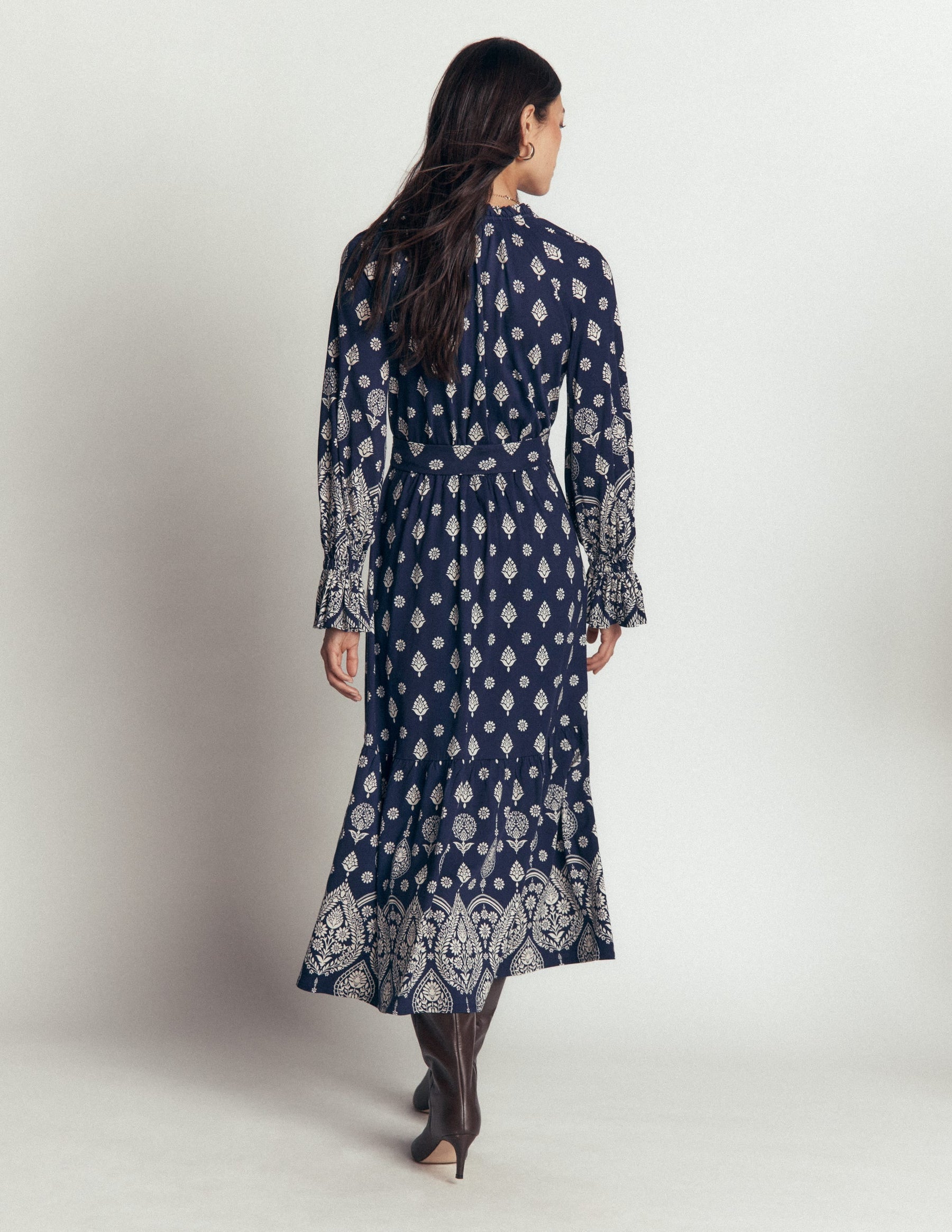 Blouson Tiered Jersey Dress-French Navy, Ornate Gardenia