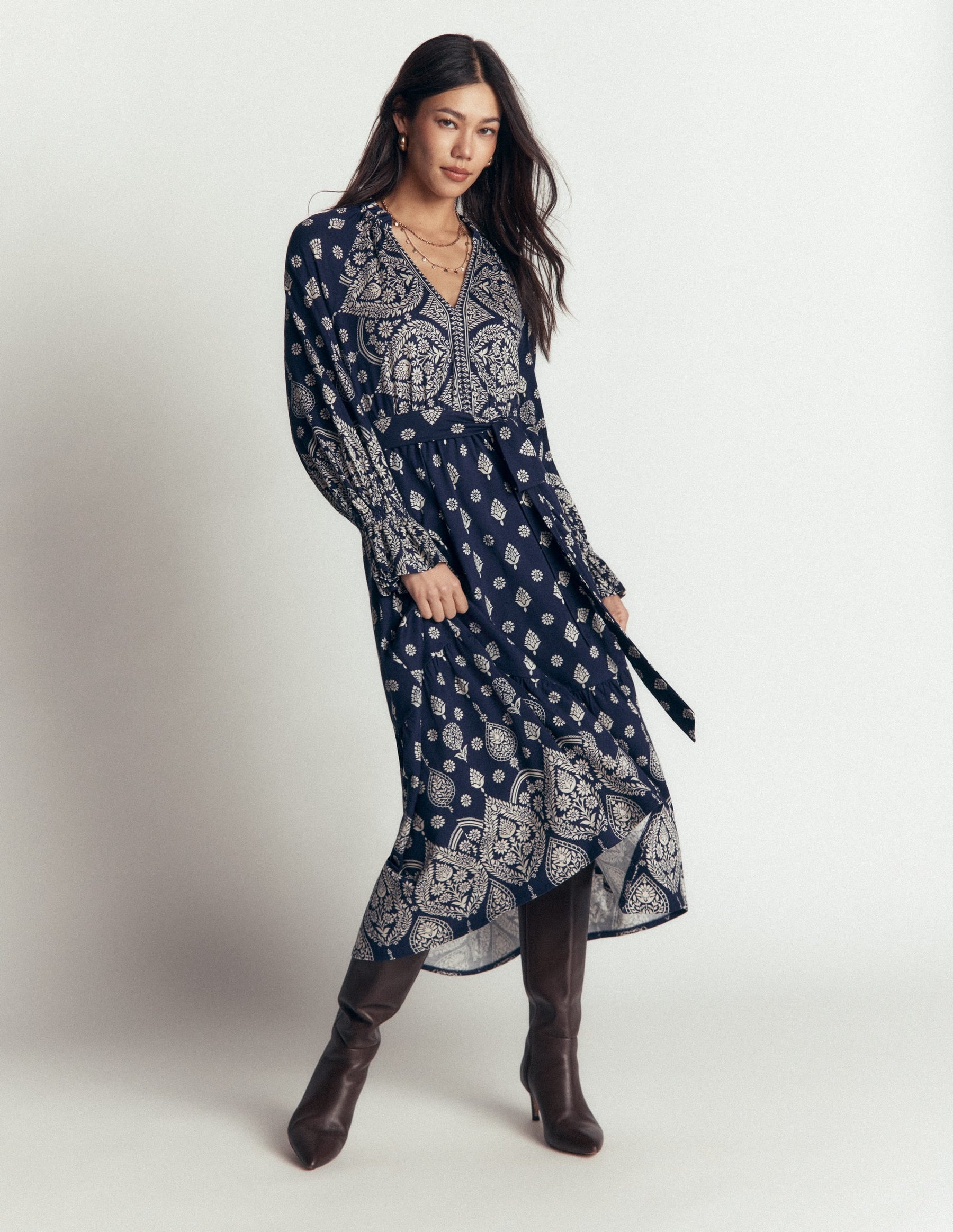 Blouson Tiered Jersey Dress-French Navy, Ornate Gardenia