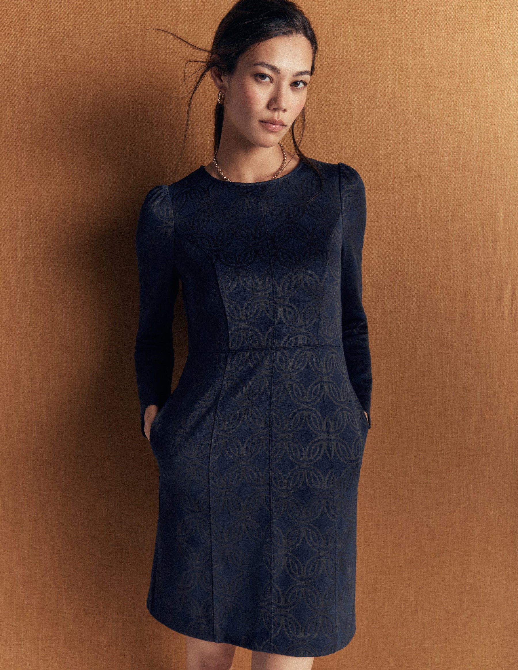 Marla Seamed Ottoman Dress-Navy and Forest Glade Jacquard