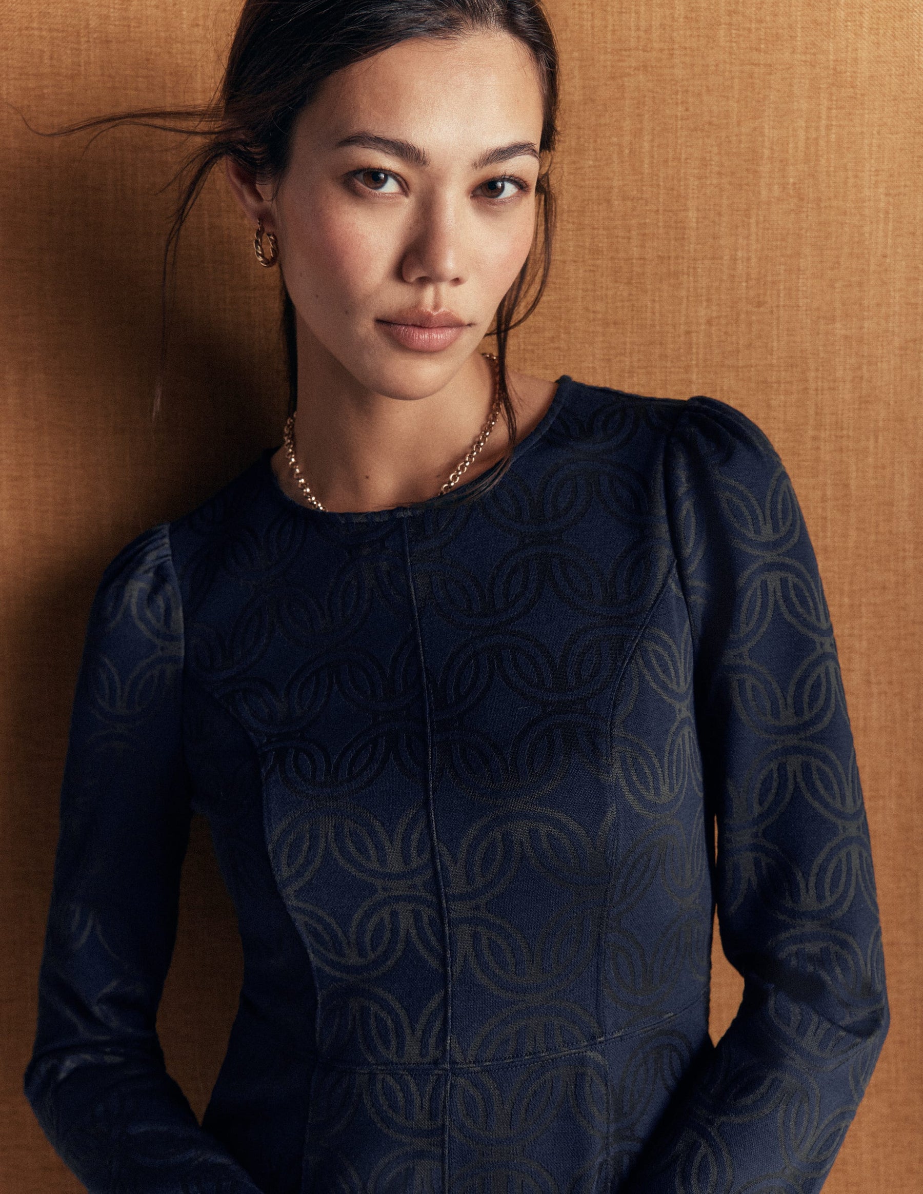 Marla Seamed Ottoman Dress-Navy and Forest Glade Jacquard